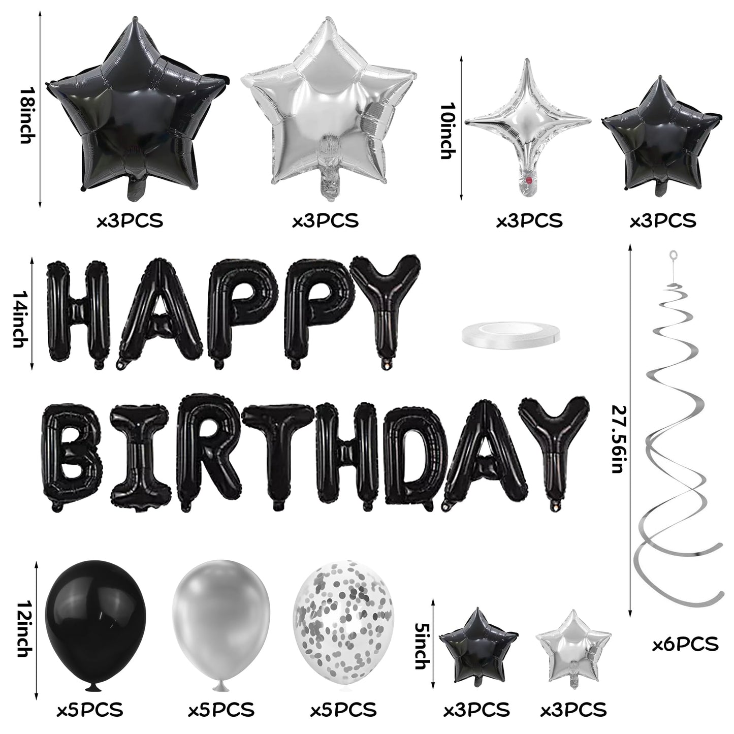 56 PCS Black Happy Birthday Balloons Happy Birthday Banner Balloons