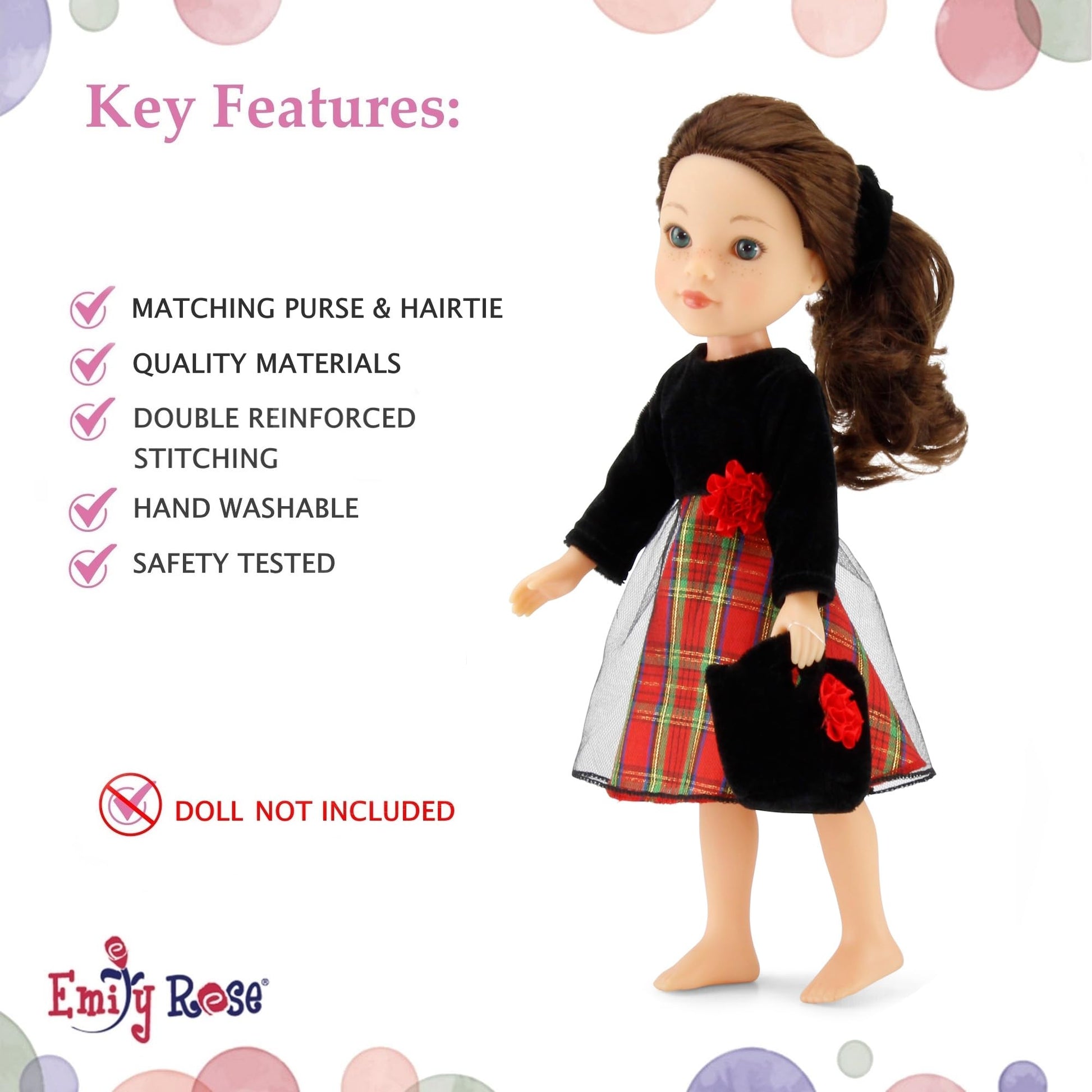 Emily Rose 14-inch Fashion Doll Clothes Fancy Holiday Party Dress with Black Velvet Top - Includes Matching Purse & Hair tie | Doll NOT Included | USA