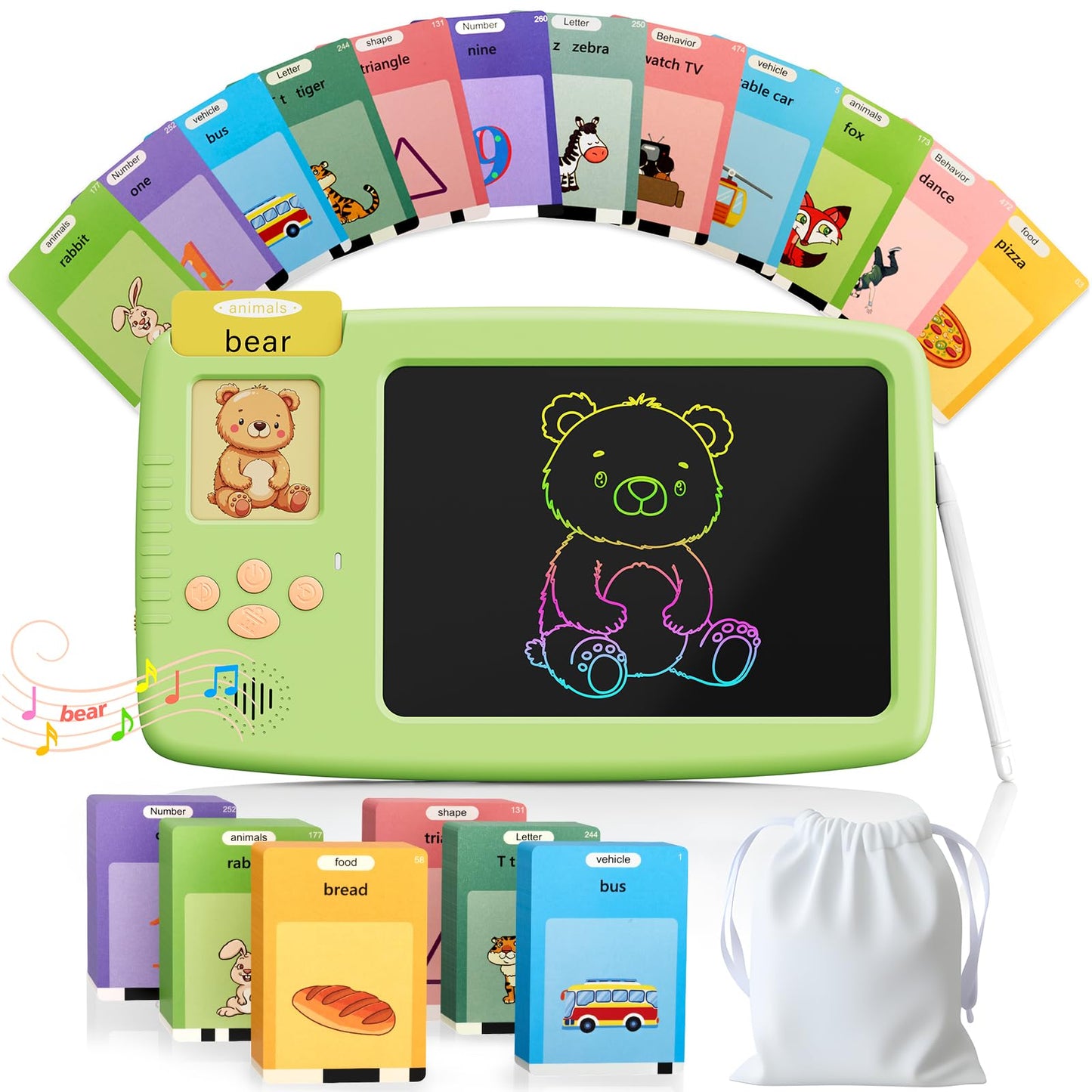 ZONSTVYS Talking Flash Cards for Toddlers: 2-in-1 LCD Writing Tablet, Green