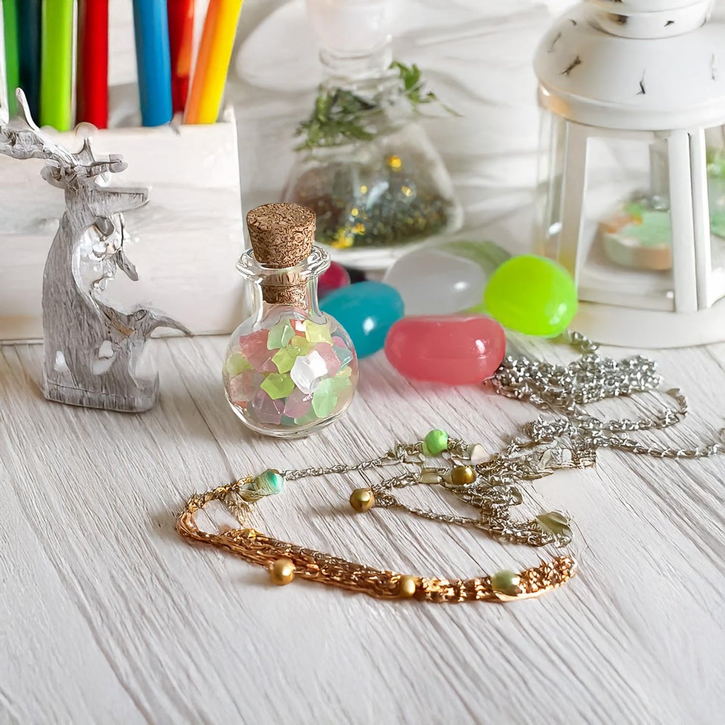 Miniature Gnome Magic Bottle with Glowing Stones, Fairy Garden Accessories, Gnome Door Decoration