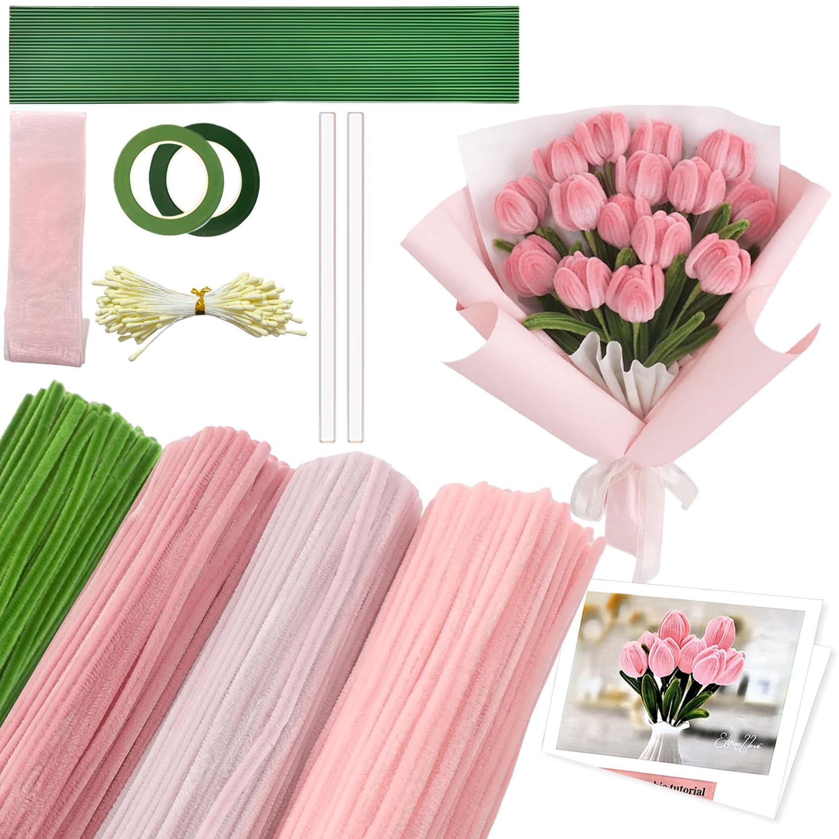 CllyCnny Pipe Cleaner Flower Craft Kit, 400 PCS Extra Thick 8mm Chenille Stems DIY Tulip Bouquet Making Set with Stamens, Floral Stems, Tape, Glue