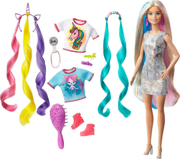 Barbie Fantasy Hair Doll, Blonde, with 2 Decorated Crowns, 2 Tops & Accessories for Mermaid and Unicorn Looks, Plus Hairstyling Pieces, for Kids 3 to