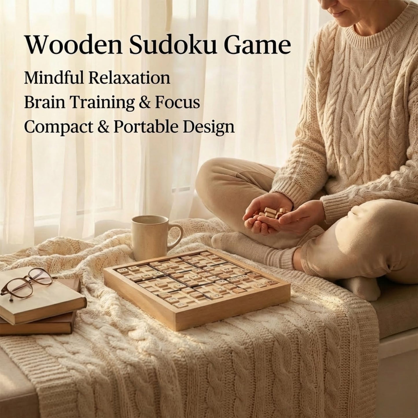 Wooden Sudoku Puzzle Board with Drawer, 200 Puzzles Brain Teaser for Adults, Logic Math Puzzle Desktop Game for Thinking Ability