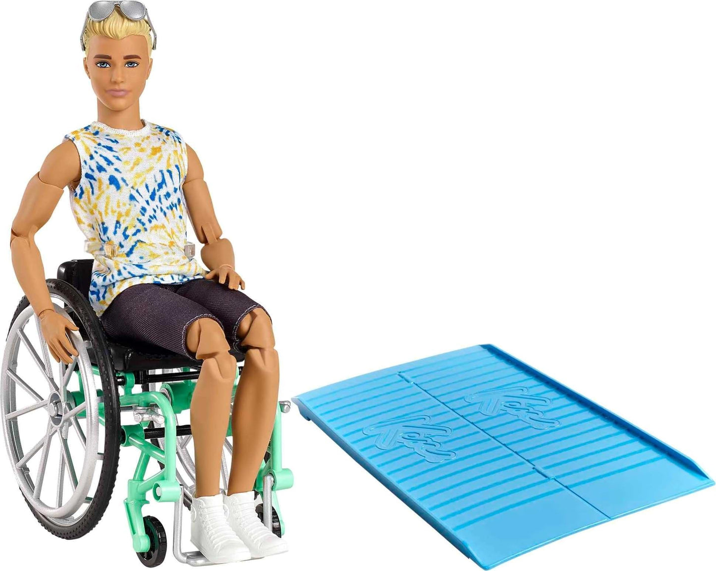 Barbie Ken Fashionistas Doll #167 with Wheelchair & Ramp Wearing Tie-Dye Shirt, Black Shorts, White Sneakers & Sunglasses, Toy for Kids 3 to 8 Years