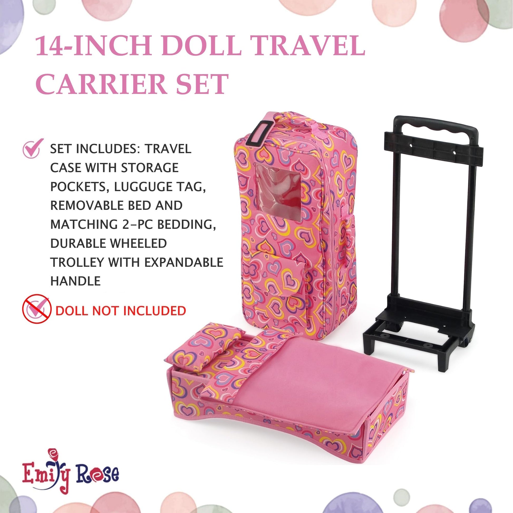 Emily Rose 14 Inch Doll Travel Carrier Backpack - Pink Hearts Design with Wheeled Trolley, Removable Bed & Bedding - Compatible with Wellie Wishers