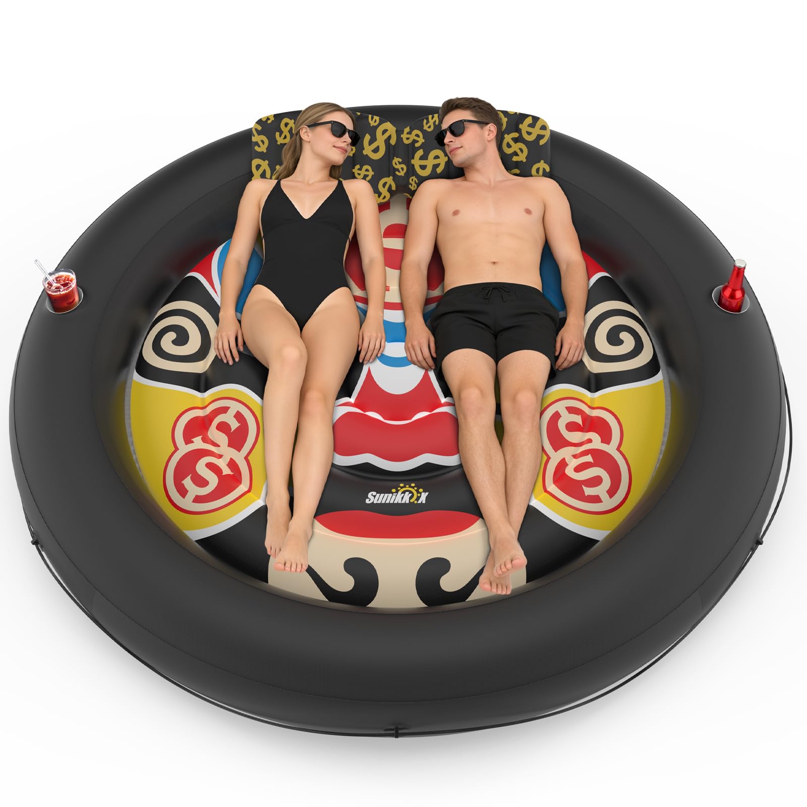 Sunikko X 73"x73" Inflatable Tanning Pool Floats Lounger Bed for Adults, Lucky Design XL Round Blow Up Pool Raft with Cup Holders, Pillow, 500lb