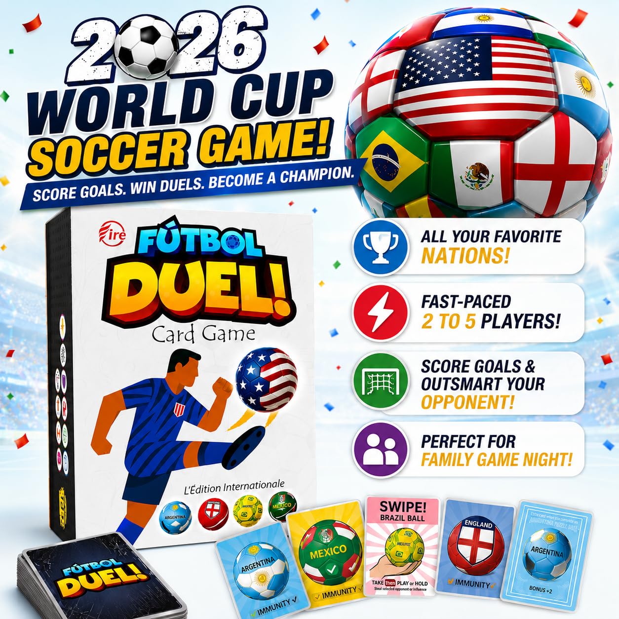 FÚTBOL DUEL! 2026 World Cup Theme Card Game - Faced-Paced Teen & Family Game, USA & International Teams, Family Game for Kids & Adults, Ages 7+, 2-4