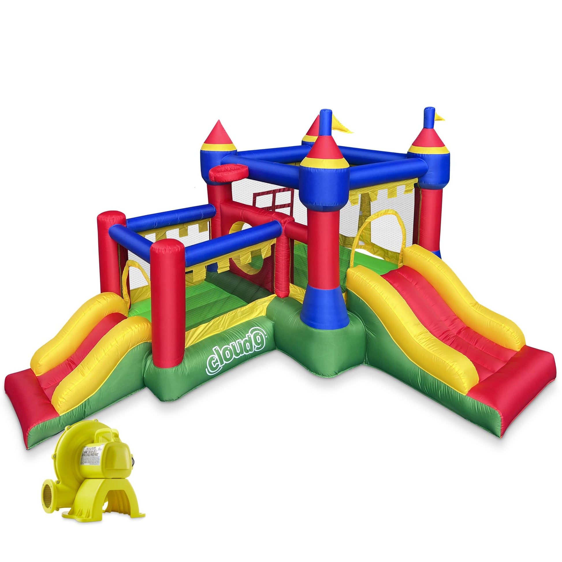 Cloud 9 Inflatable Castle Bounce House with Blower, Bouncer for Kids with Two Slides and Jumping Areas