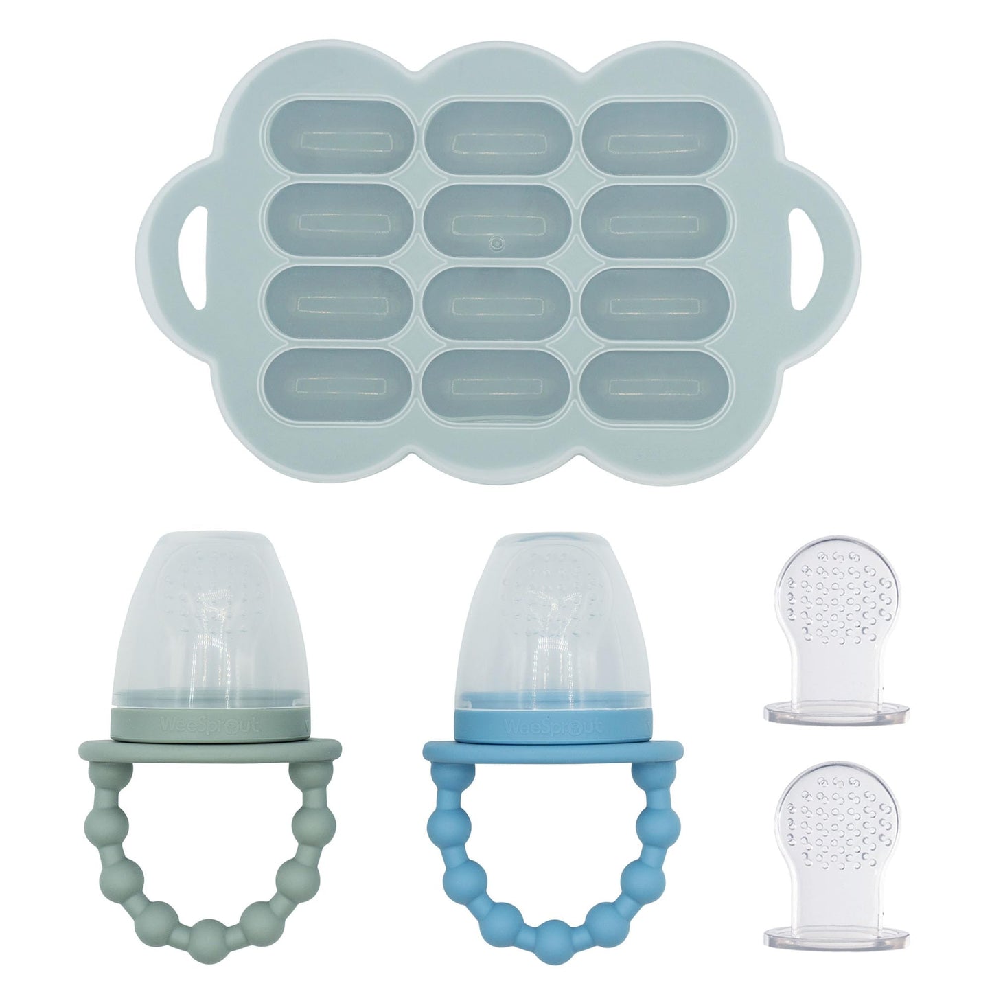 WeeSprout Baby Food Feeder Set - 2 Silicone Feeders & Reusable Freezer Tray with Lid - BPA-Free Fresh Fruit & Veggie Pacifier for Babies & Toddlers