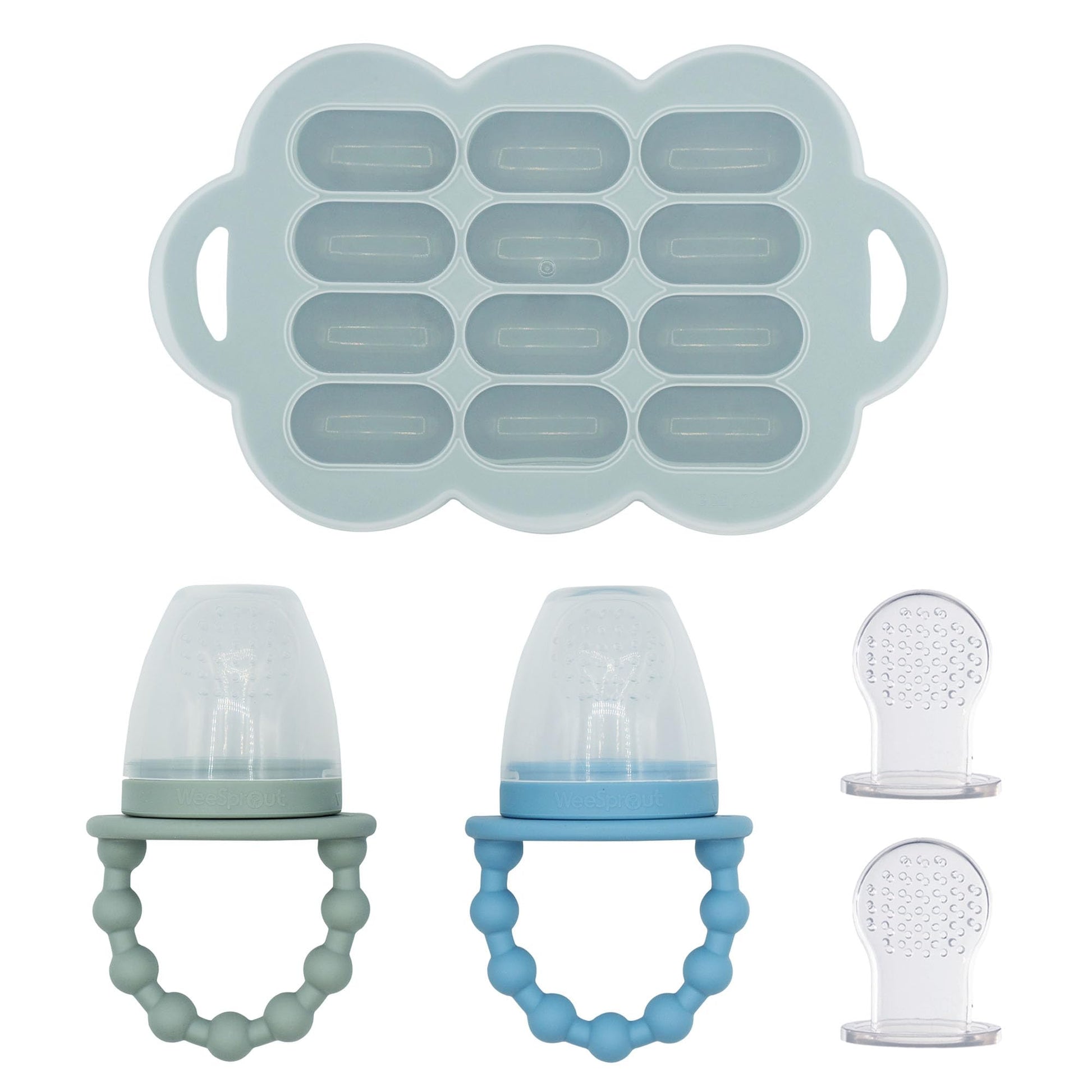 WeeSprout Baby Food Feeder Set - 2 Silicone Feeders & Reusable Freezer Tray with Lid - BPA-Free Fresh Fruit & Veggie Pacifier for Babies & Toddlers