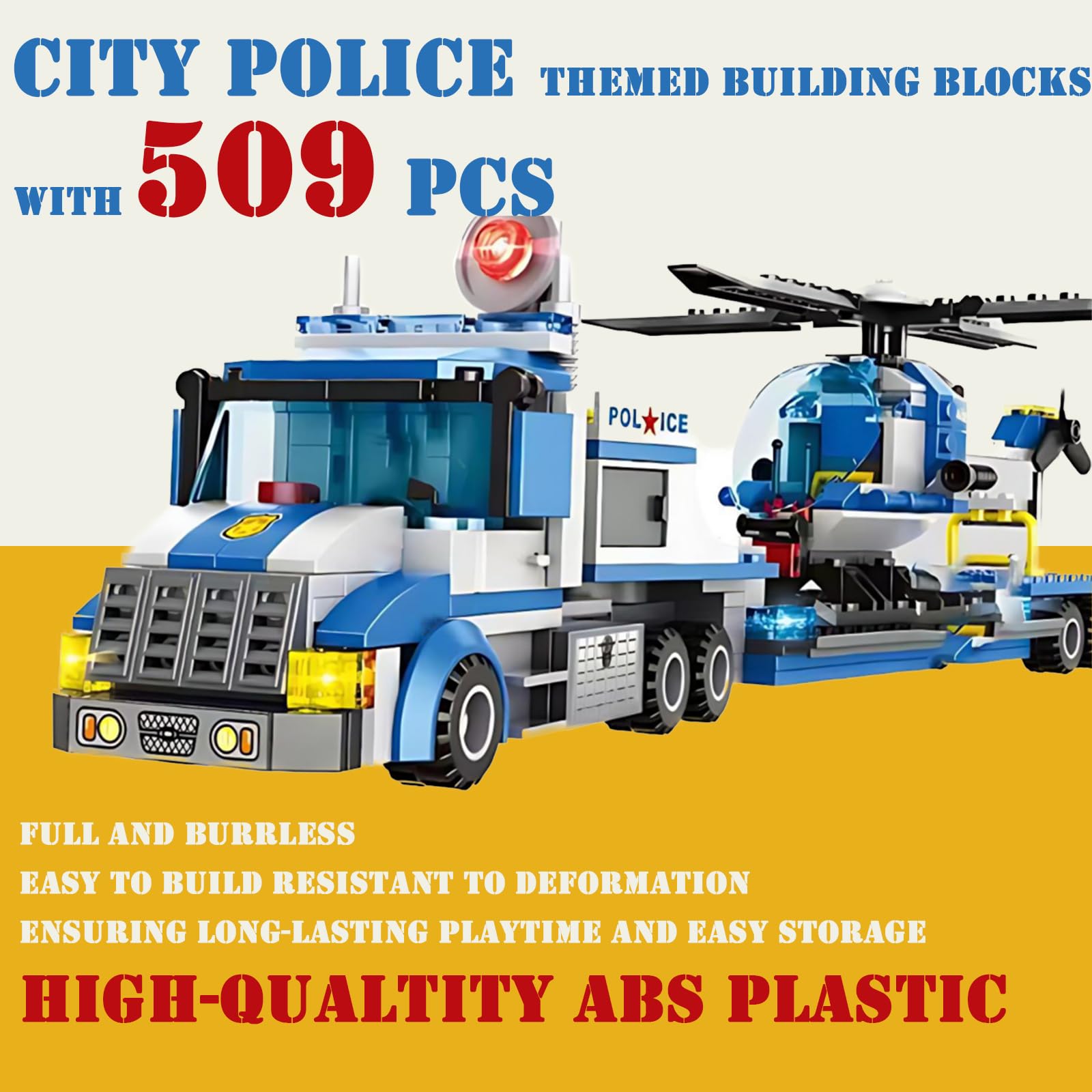 EtrealEli City Police Car, Motorcycle,Truck and Trailer&Helicopter Building Block Sets(509pcs),Police Chase Toy Set,Gift for Kids and audlts