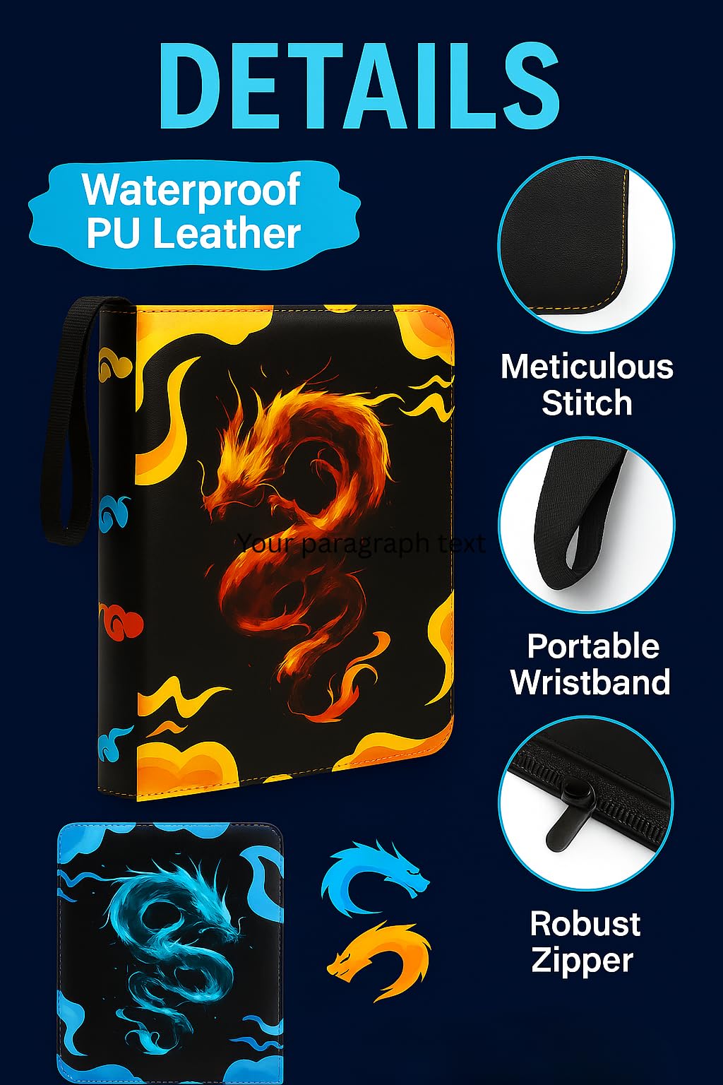 VERIDRAX Card Binder - 9 Pocket Trading Card Binder - 900 Card Zipper Album with 50 Double Sided Sleeves, PU Leather Collector Case for Standard 2.5 ×