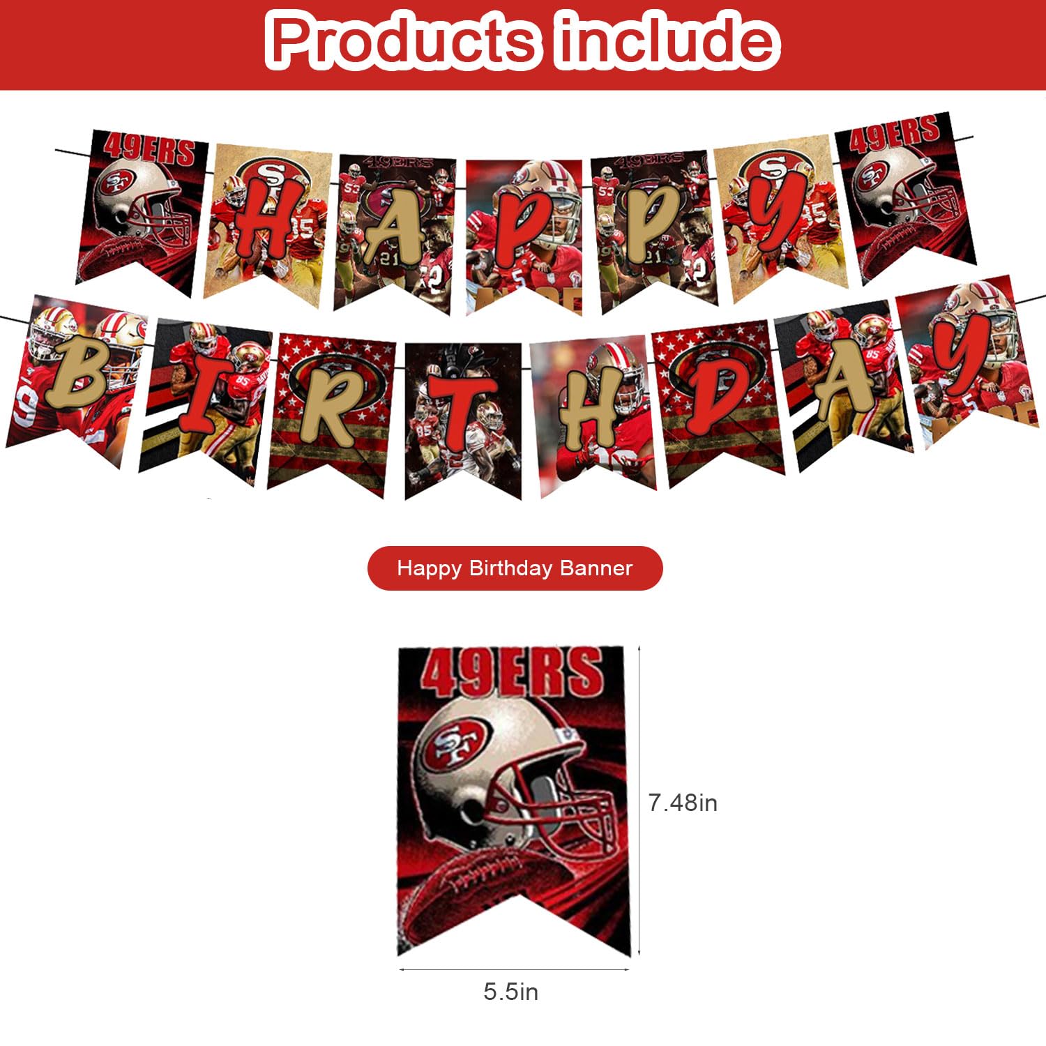49ers Party Decorations,San Francisco Birthday Party Supplies Includes Banner- Cake Topper - 24 Cupcake Toppers - 18 Balloons