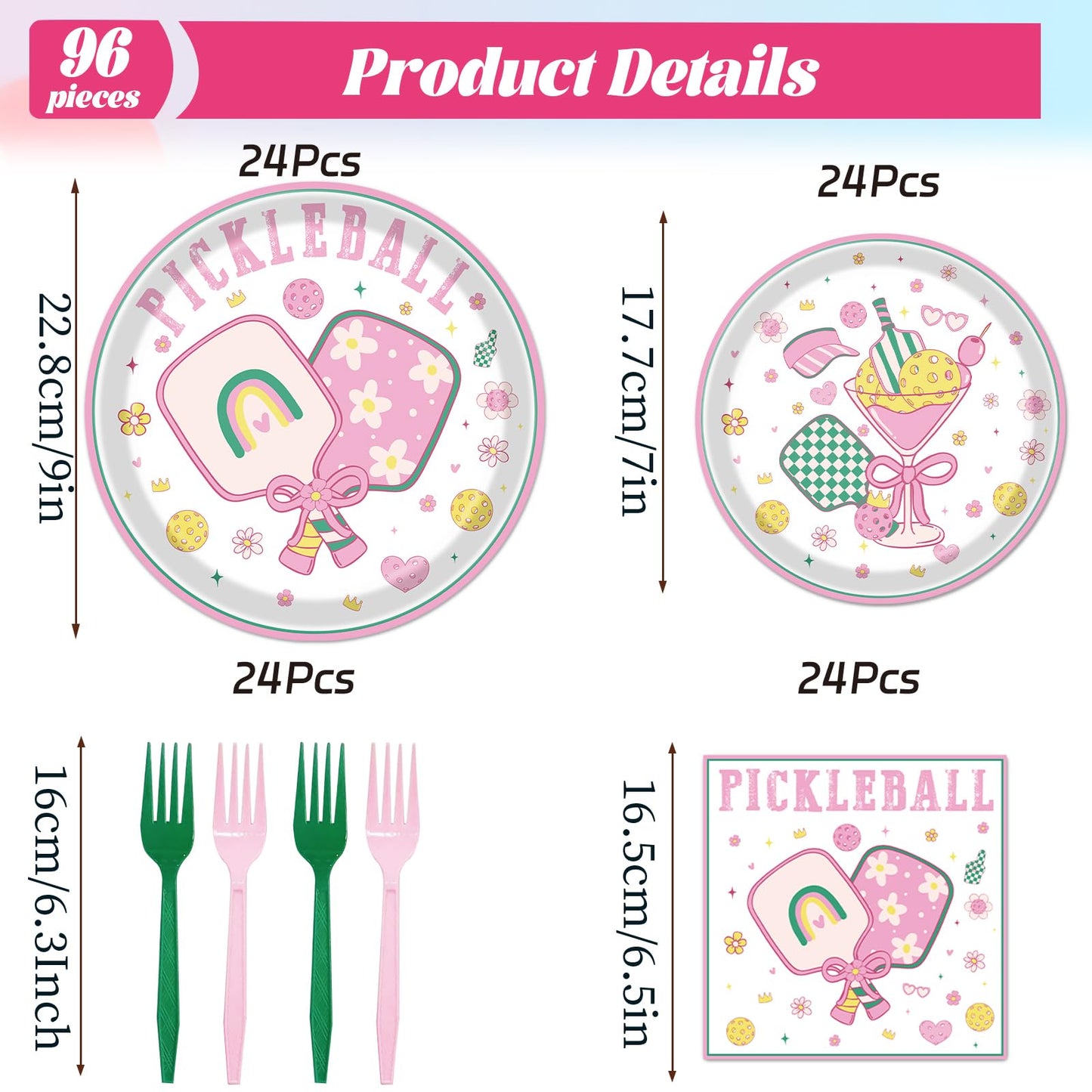 musaeva Pickleball Birthday Party Decorations Tableware, 96PCS Pickle Ball Disposable Pink Paper Plates and Napkins Decoration, Ball Theme Forks Decor
