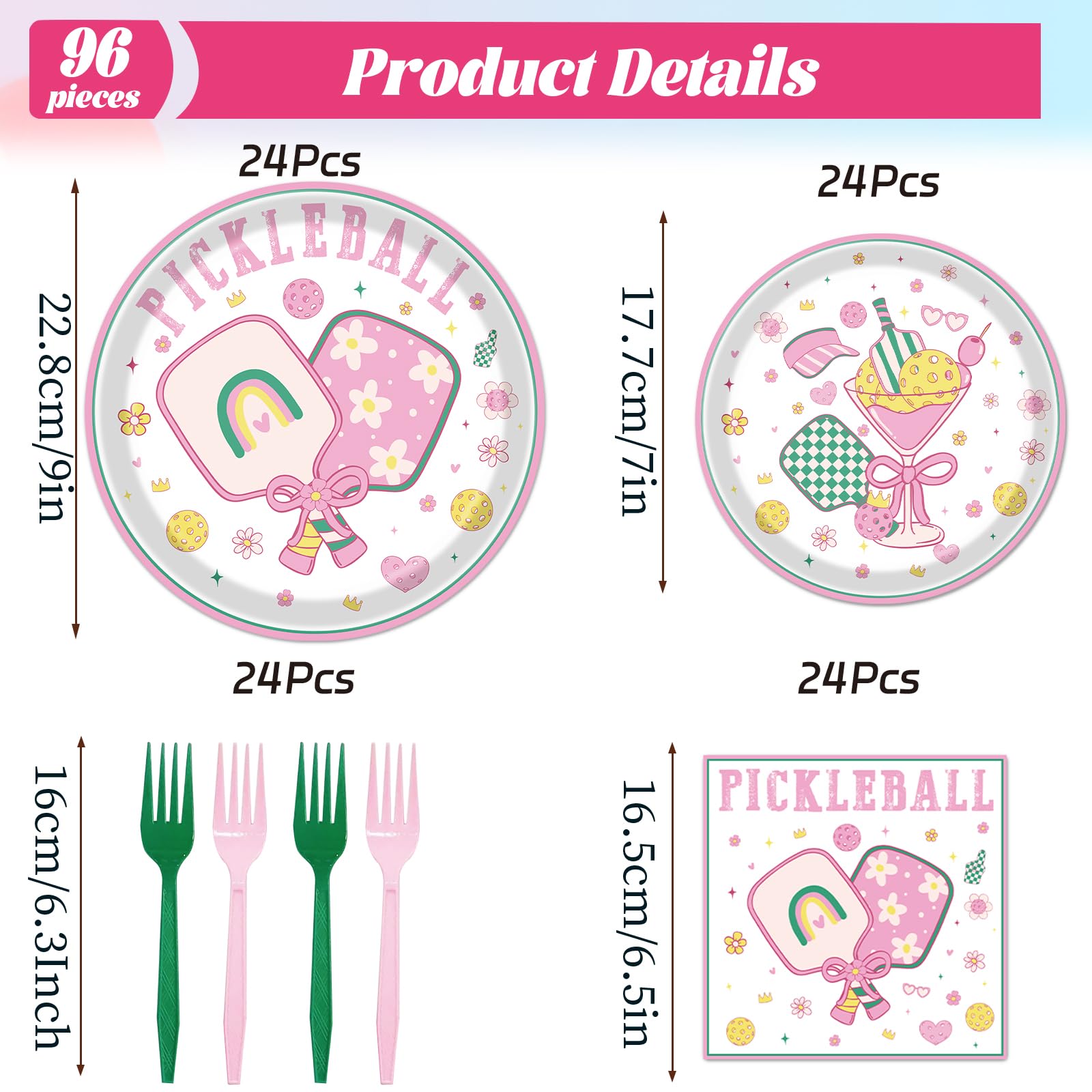musaeva Pickleball Birthday Party Decorations Tableware, 96PCS Pickle Ball Disposable Pink Paper Plates and Napkins Decoration, Ball Theme Forks Decor