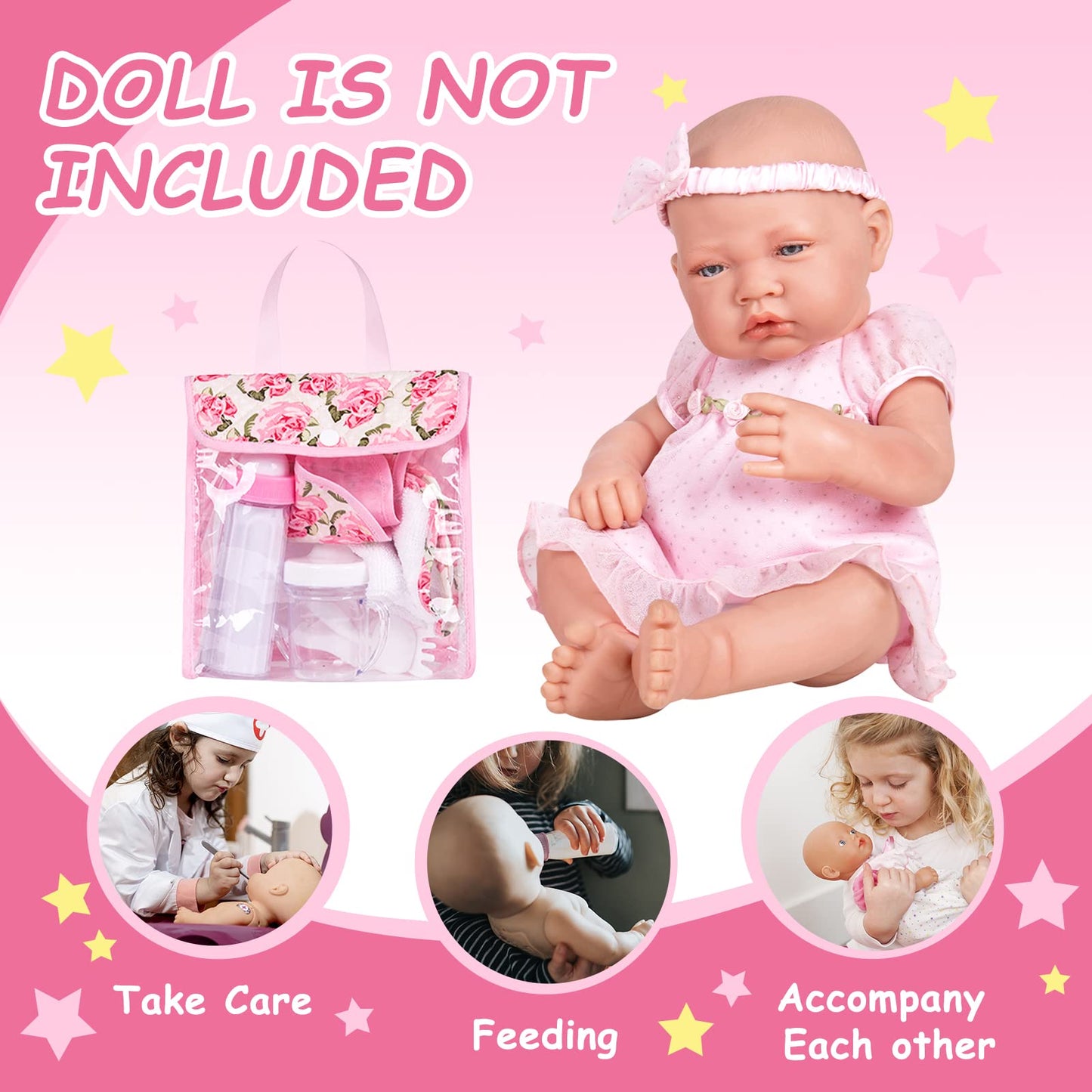 Rakki Dolli Feeding Set Nursery Bag Set for Dolls, Plate Together with Spoon, Fork, Milk Bottle, Juice Cup, Towel &Bib