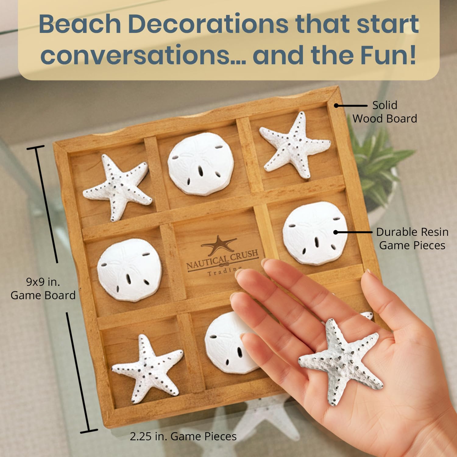 Starfish Tic Tac Toe Game - 9" x 9" - Beach Tic Tac Toe Game - Coastal Beach House Coffee Table Game Board - Tic Tac Toe Decor - Beach House Games