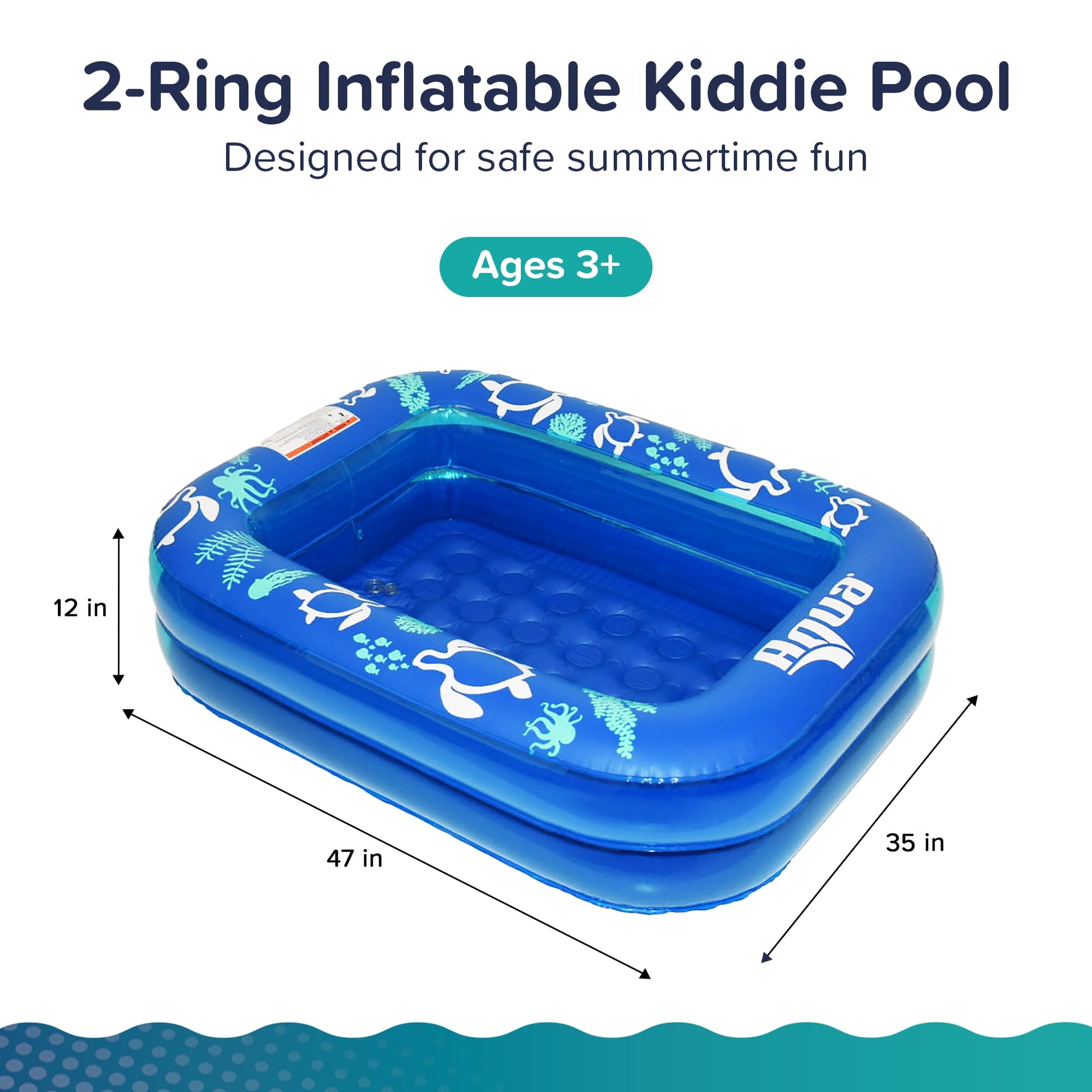 Aqua Inflatable Kiddie Pool for Backyard Outdoor Water Play - 2 Ring Blow Up Baby Pool with Cushioned Bottom, Stable Translucent Sides for Toddlers