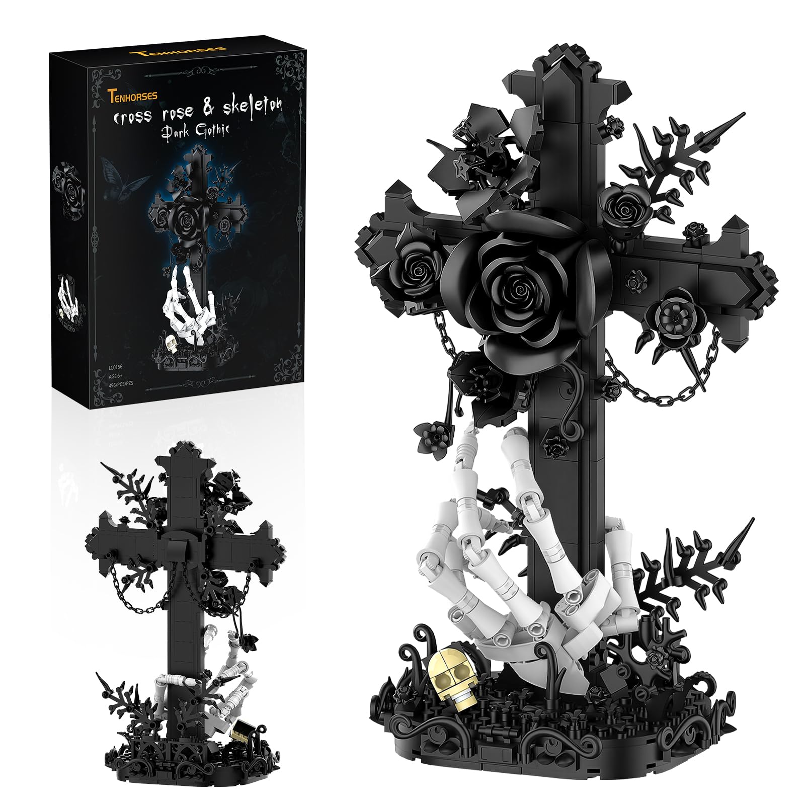 Tenhorses Gothic Cross Flower Building Set with Skull Hands, Crucifix Rose Skeleton Model, Dark Aesthetic Display Decor for Home Office, Halloween