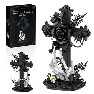 Tenhorses Gothic Cross Flower Building Set with Skull Hands, Crucifix Rose Skeleton Model, Dark Aesthetic Display Decor for Home Office, Halloween