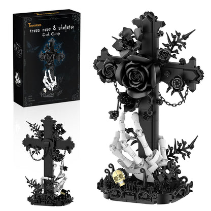 Tenhorses Gothic Cross Flower Building Set with Skull Hands, Crucifix Rose Skeleton Model, Dark Aesthetic Display Decor for Home Office, Halloween