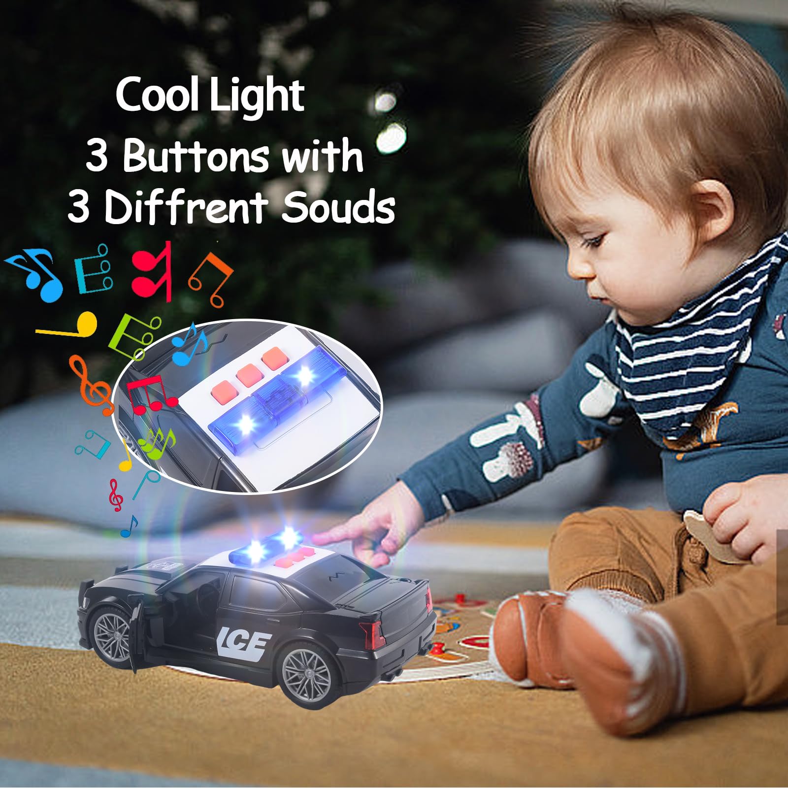 UXRPTU Police Car Toys for Boys 3 4 5 6 7 with Sirnes Sound and Light 1:20 Plastic Openable Door Friction Powered Car Toy for Kids Toddlers Boys Gifts