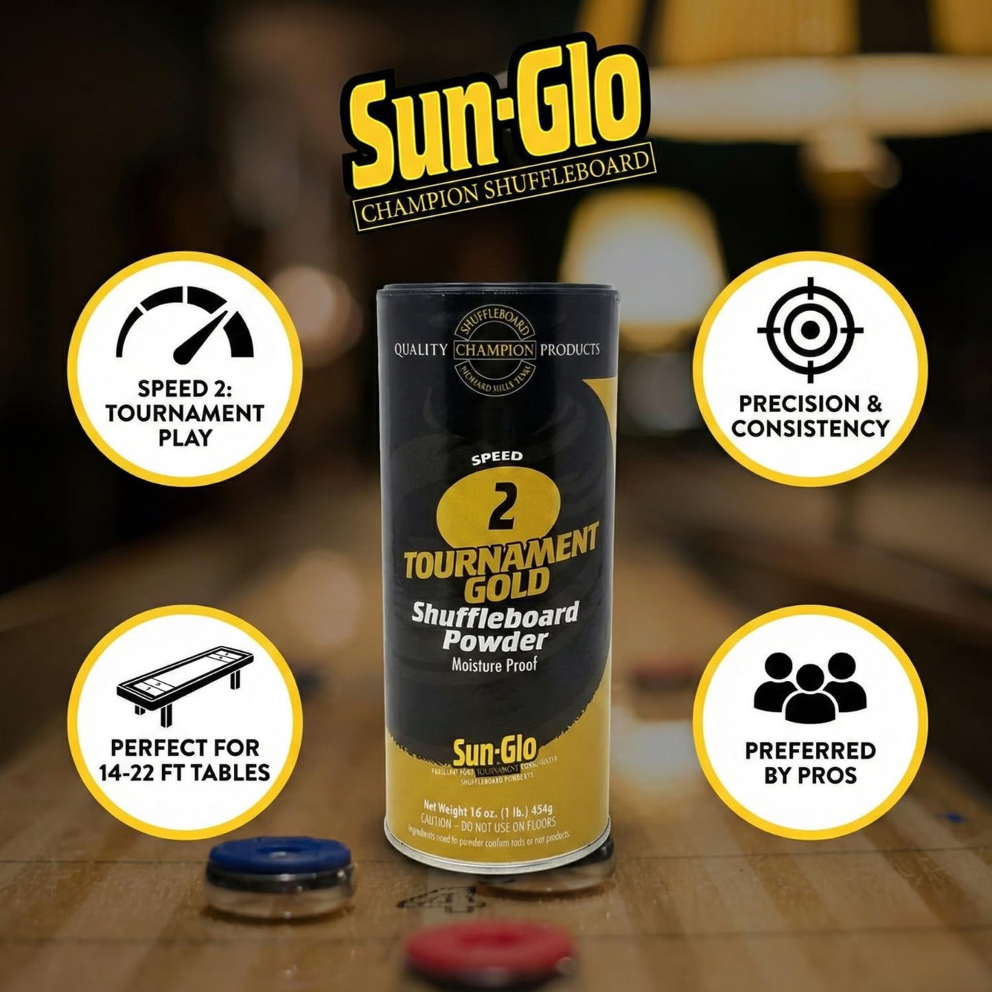 Sun-Glo Speed 2 (Tournament Gold) Shuffleboard Powder Wax - Fast Speed for Competitive League Play & 16-22 Foot Tables - 16 oz Shaker Can (Pack of 2)