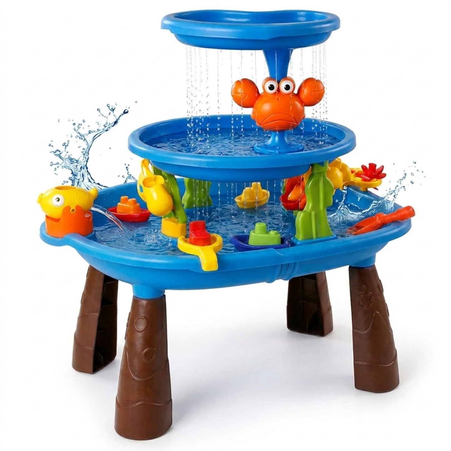Bo-Toys 3-in-1 Sand and Water Table for Toddlers Ages 3+, Large Outdoor Sensory Play Table with Double-Layer Waterfall, Push-to-Squirt Fish, Spinning