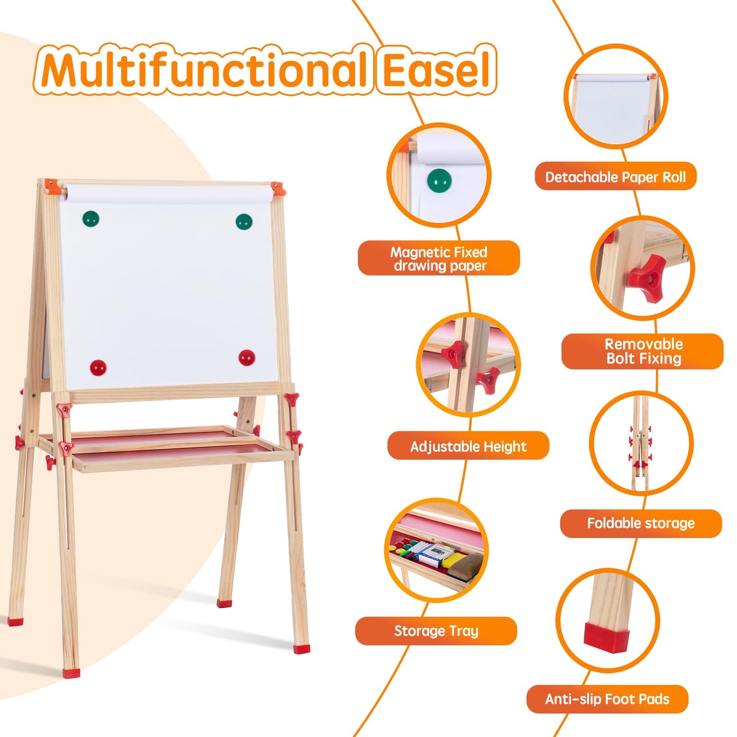 Wooden Adjustable Easel for Kids, Quick-Fold Kids Easel with Paper Roll&Accessories, Double Sided Painting Easels for Toddlers 3,4,5,6,7,8,9,10 Years