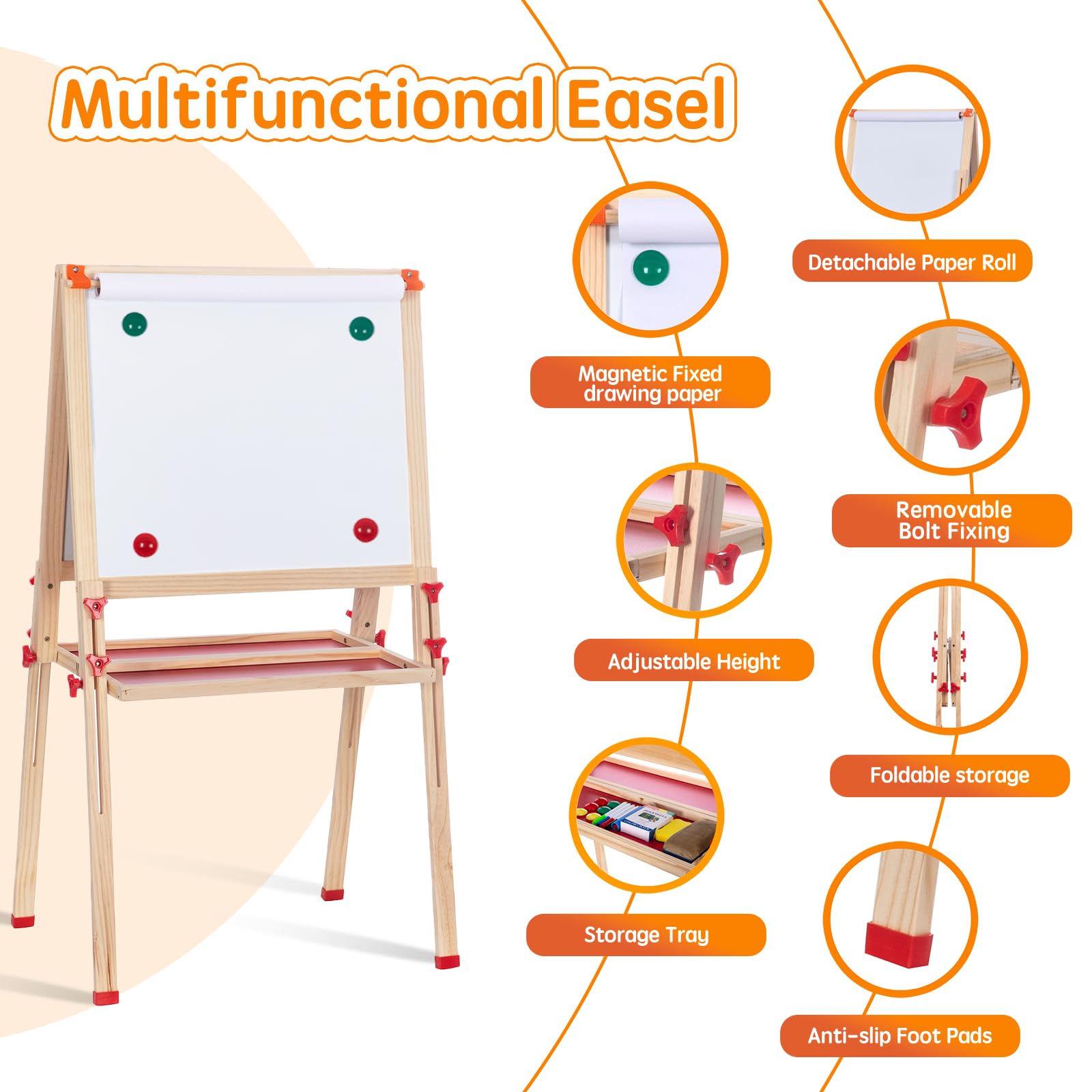 Wooden Adjustable Easel for Kids, Quick-Fold Kids Easel with Paper Roll&Accessories, Double Sided Painting Easels for Toddlers 3,4,5,6,7,8,9,10 Years