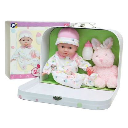 JC Toys - La Baby Travel Case Gift Set| Caucasian 11-inch Small Soft Body Baby Doll | Washable | Cute Outfit, Bottle, Pacifier & Plush Bunny |