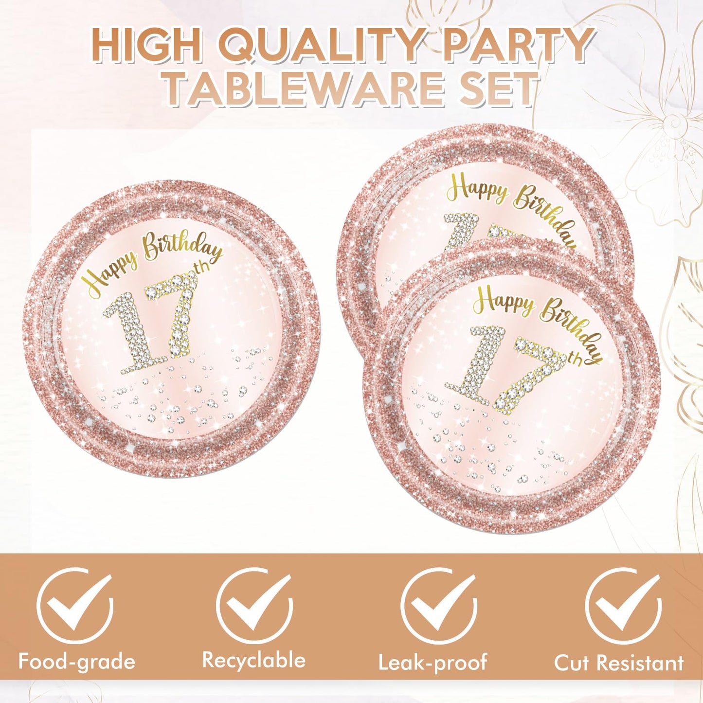 40 Pcs 17th Birthday Decorations for Girls,Rose Gold 17 Years Old Birthday Party Plates and Napkins Disposable 17th Birthday Paper Tableware Set
