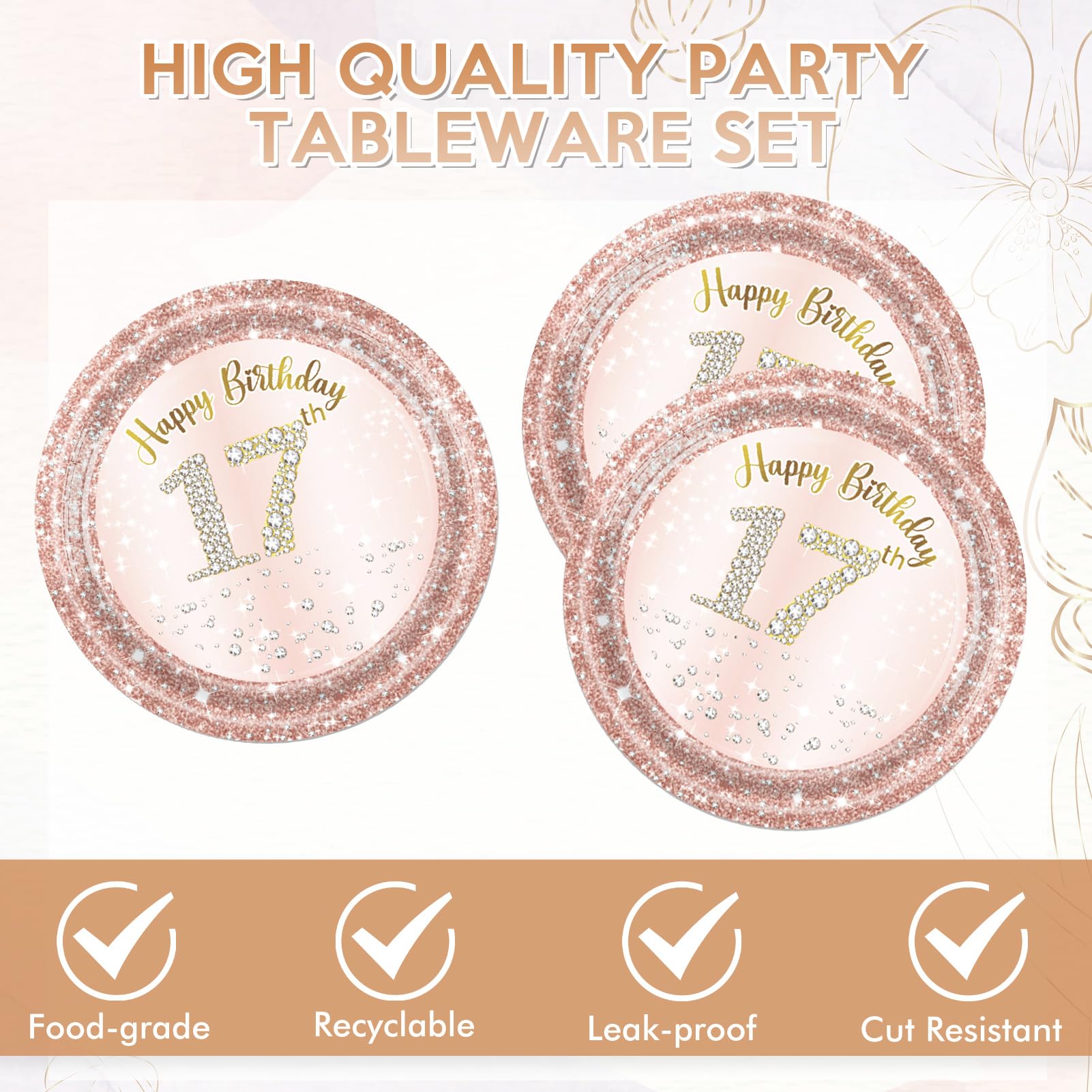 40 Pcs 17th Birthday Decorations for Girls,Rose Gold 17 Years Old Birthday Party Plates and Napkins Disposable 17th Birthday Paper Tableware Set