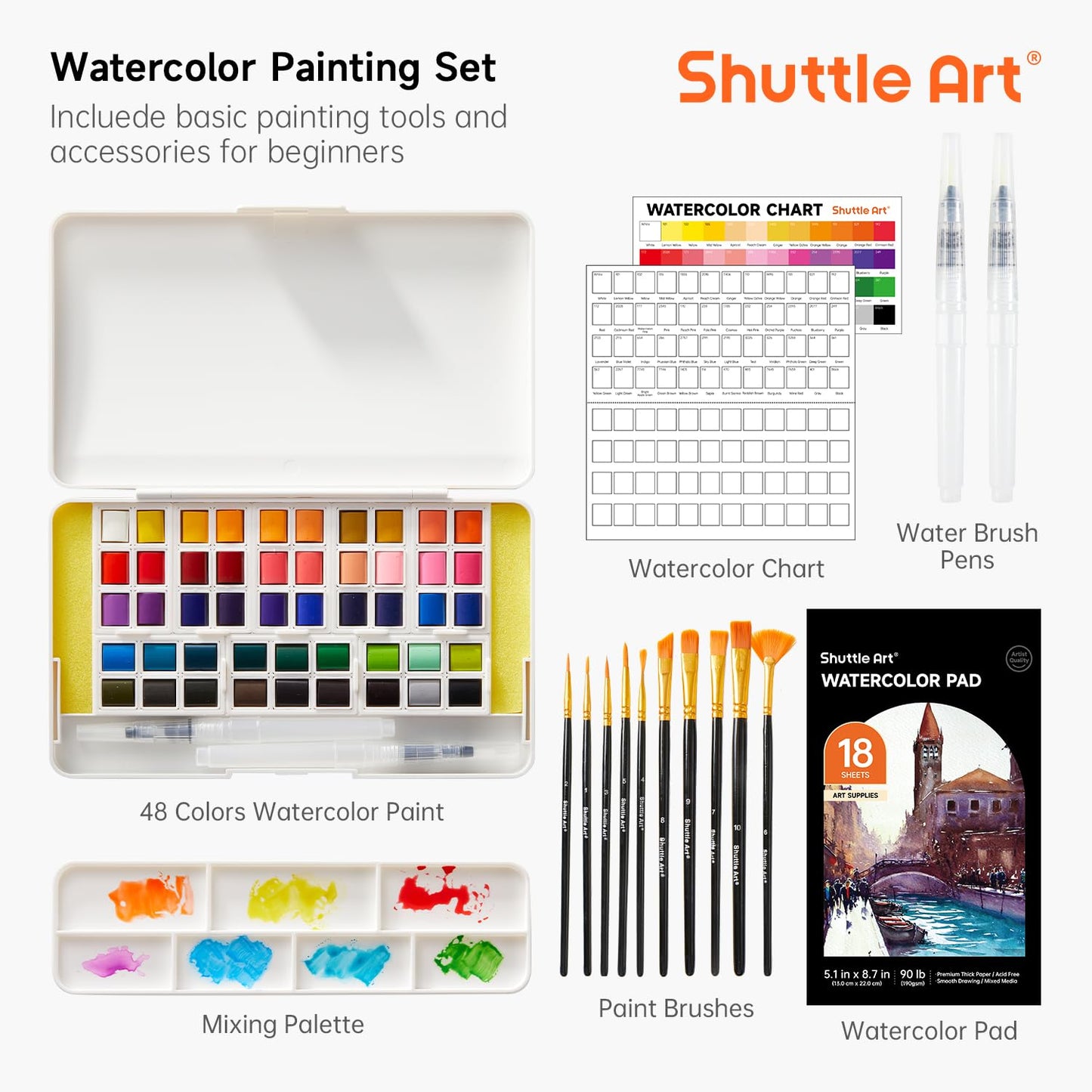 Watercolor Paint Set, Shuttle Art 48 Colors Watercolor Paint in Half Pans with 2 Water Brush Pens, 10 Paint Brushes, 1 Watercolor Pad, 1 Palette, 2