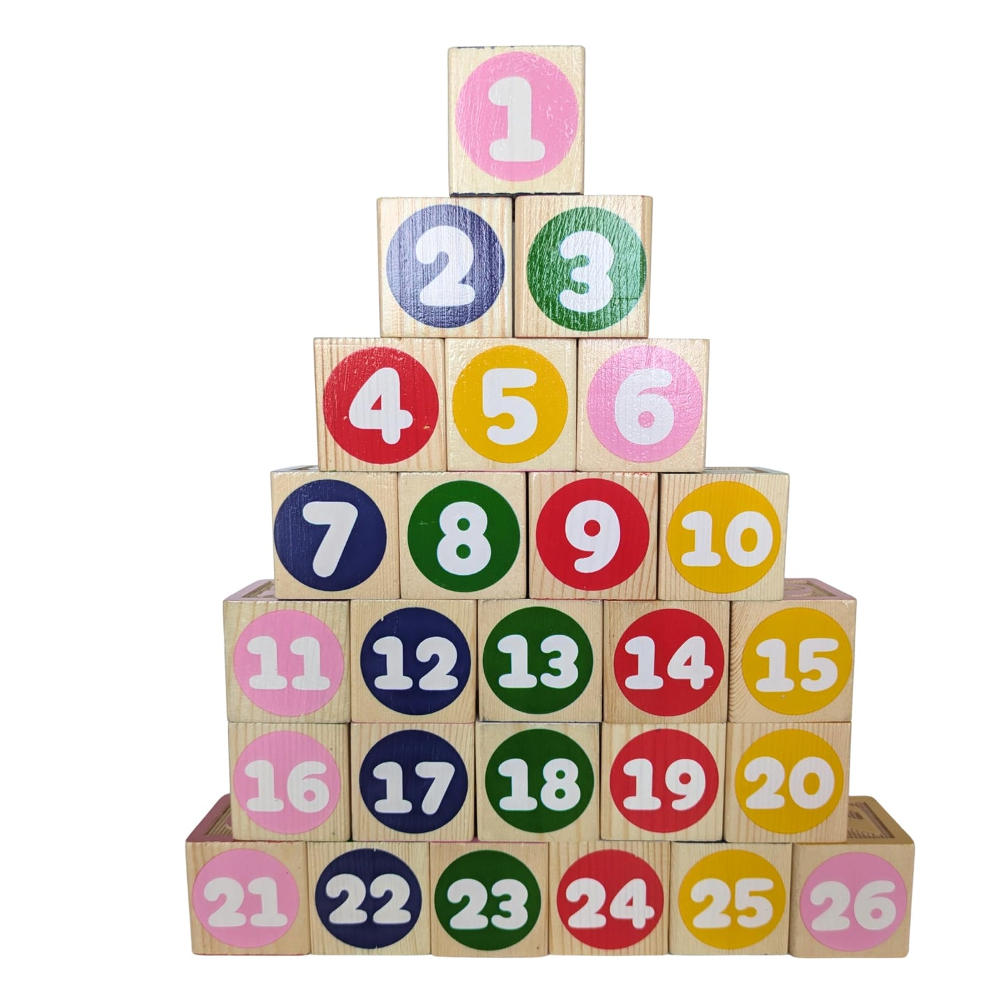 Tot Dojo ABC-123 Pine Wood Educational Blocks Set, 26 Pieces - Alphabet, Numbers, Animals, Fruits & Patterns for Toddlers