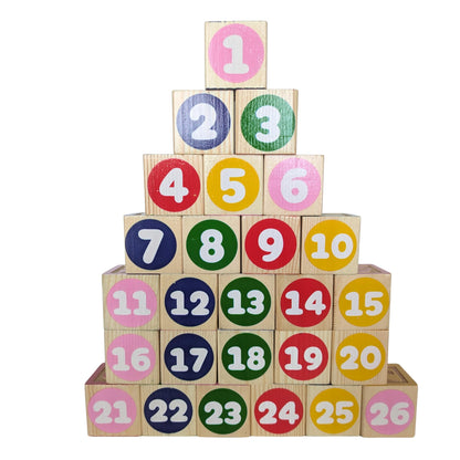 Tot Dojo ABC-123 Pine Wood Educational Blocks Set, 26 Pieces - Alphabet, Numbers, Animals, Fruits & Patterns for Toddlers