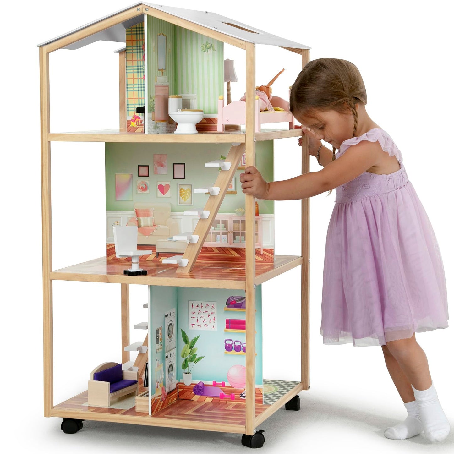 Delta Children Moveable Mansion Dollhouse - 360-Degree Play Dollhouse with Wheeled Base - Includes 16 Accessories - Fits 12-inch Dolls - Pretend Play