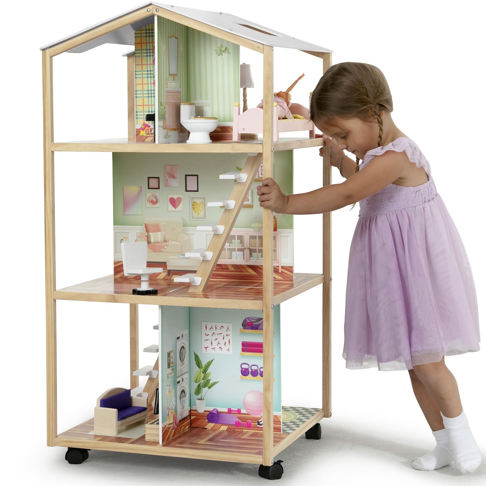 Delta Children Moveable Mansion Dollhouse - 360-Degree Play Dollhouse with Wheeled Base - Includes 16 Accessories - Fits 12-inch Dolls - Pretend Play