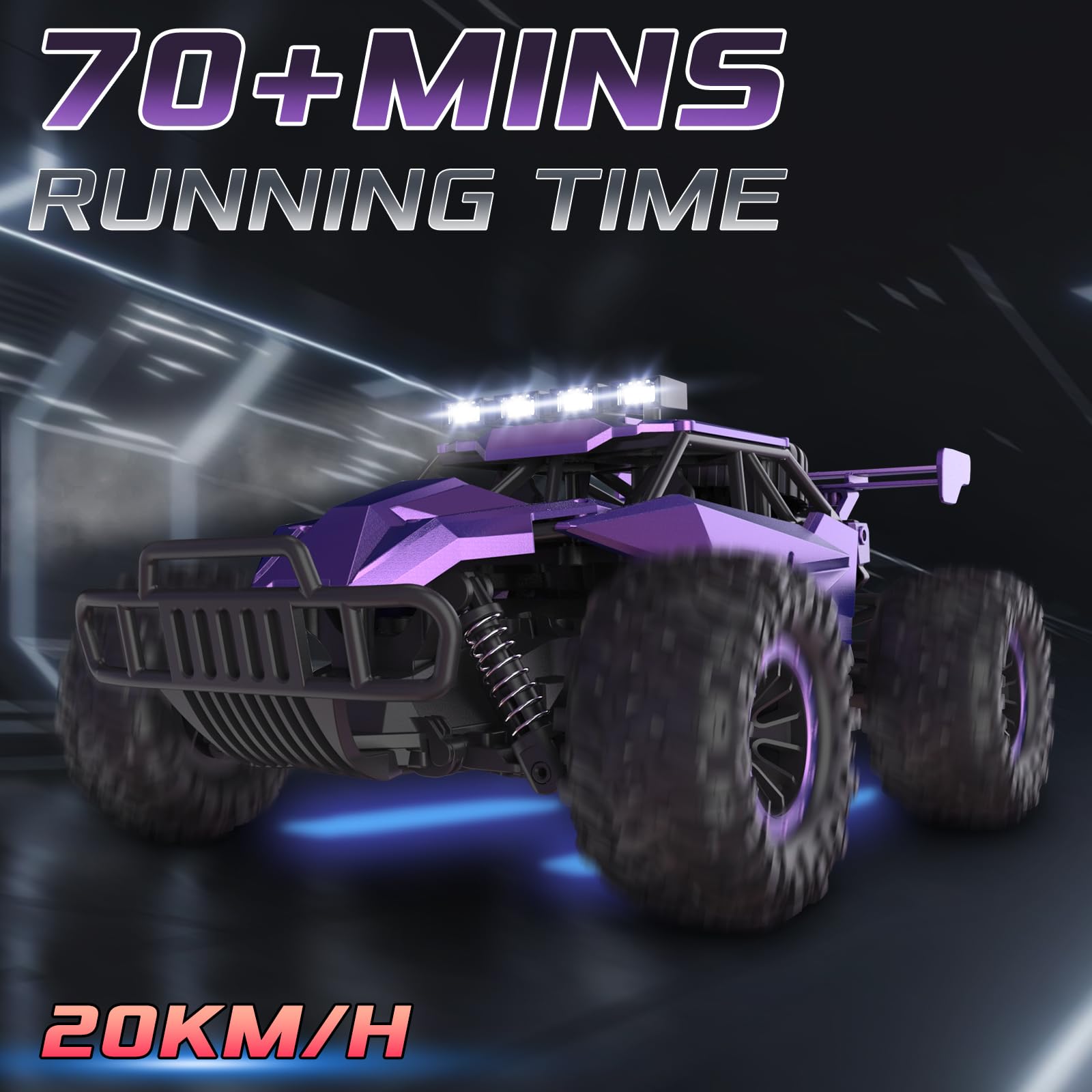 LARVEY 1:16 Scale Purple Remote Control Car, 20 Km/h High Speed Girls Remote Control Car Monster Vehicle with LED Headlights and Chassis Lights, RC