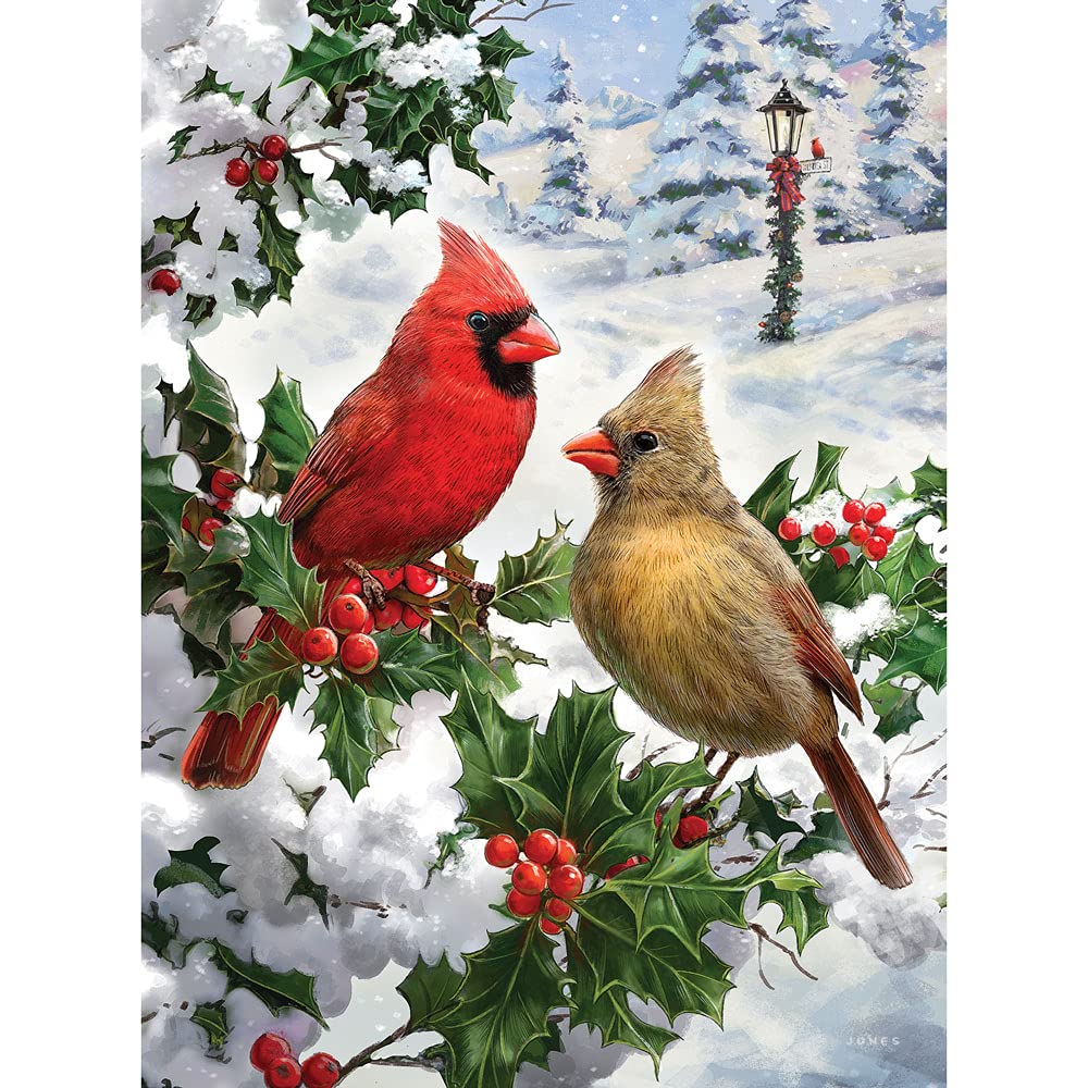 Bits and Pieces - 500 Piece Jigsaw Puzzle for Adults - Cardinal Couple - Glitter Holiday Christmas Snow Tree Forest Jigsaw Puzzle by Artist Larry