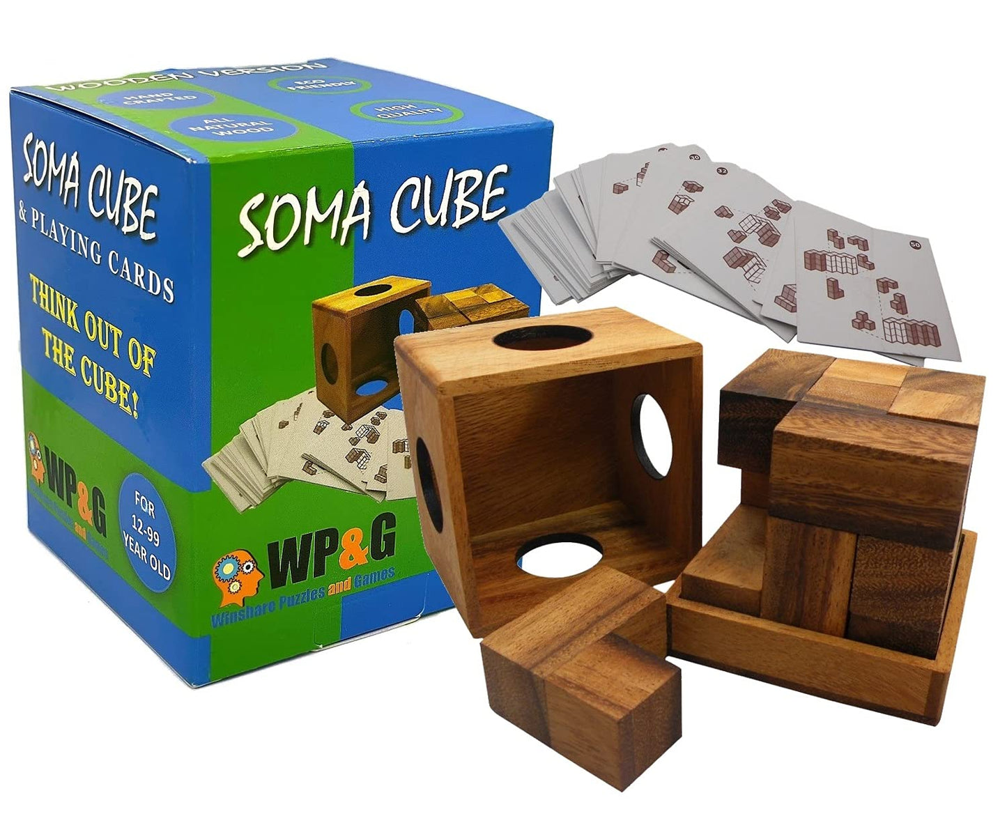 Soma Cube Puzzle Wooden with 50 Playing Cards 3D Brain Teaser Large Size