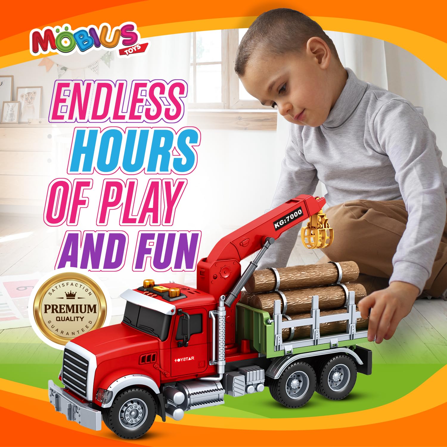 Timber Log Truck Toys for Boys - Logging Trucks for Toddlers - Friction-Powered Vehicle Playset w/Lights & Sounds, Working Crane, Claw, Logs, Flatbed