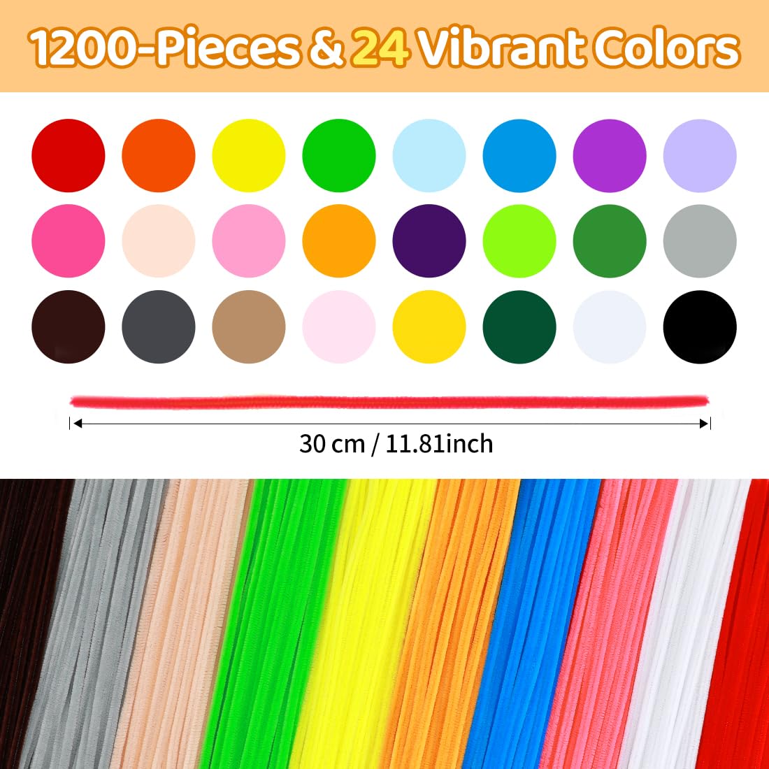 AIZANYU 1200pcs Pipe Cleaners Bulk. 24-Color Chenille Stems for Craft. Art Supplies for Flowers. Flower Making Manual Included