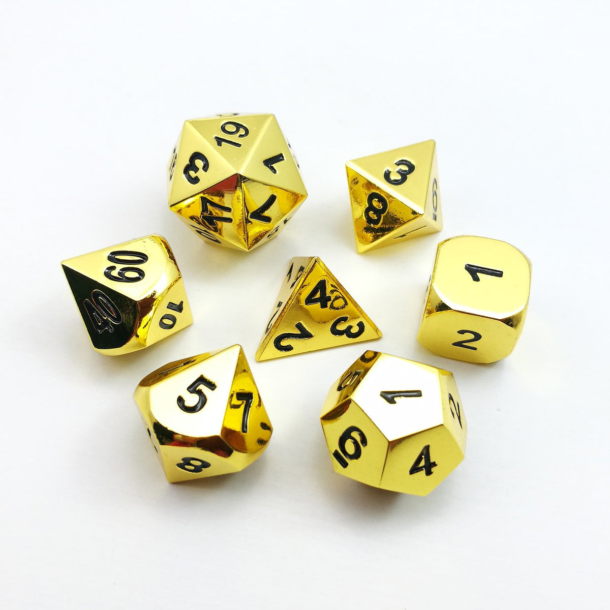 Set of 7 Deluxe Metal Golden Polyhedral Game Dice Set, Golden RPG Game Dice 7pcs Set of d4 d6 d8 d10 d12 d20 d%