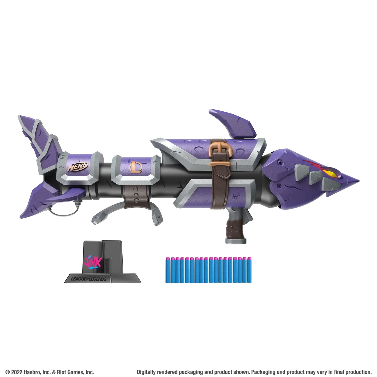 ????(HASBRO) Nerf Limited League of Legends Zinc Fishbone Blaster, Drum Loading 18 Darts, 18 Nerf Elite Darts, Launches 3 Darts, Includes Display