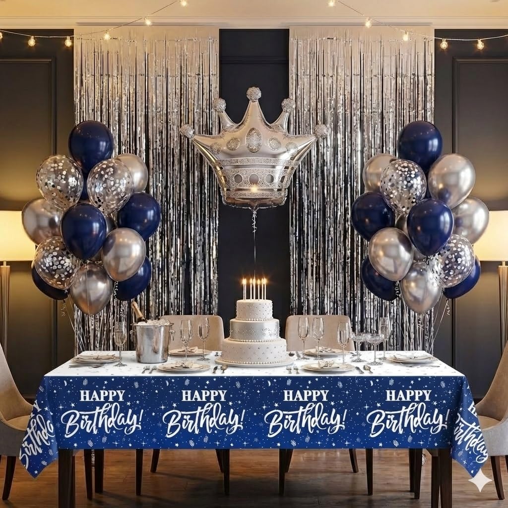 Birthday Decorations Men Blue - (Total 89pcs) blue party Banner, Pennant, Hanging Swirl, Foil Backdrops, balloons, Tablecloths, cupcake Topper