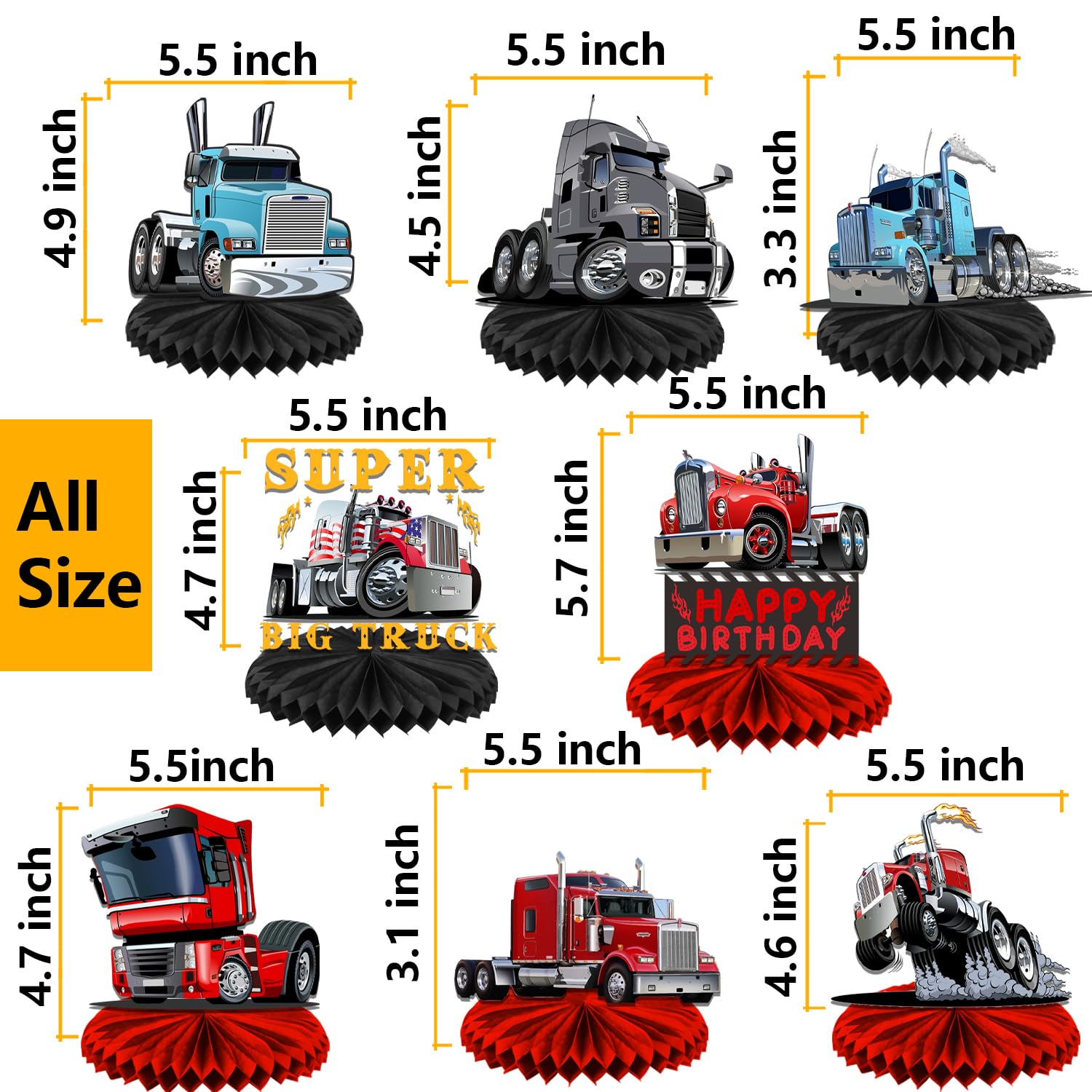 Heavy Trucks Semi Truck Happy Birthday Honeycomb Centerpieces Transportation Theme Decor for Men Boys 1st Birthday Party Supplies Baby Shower