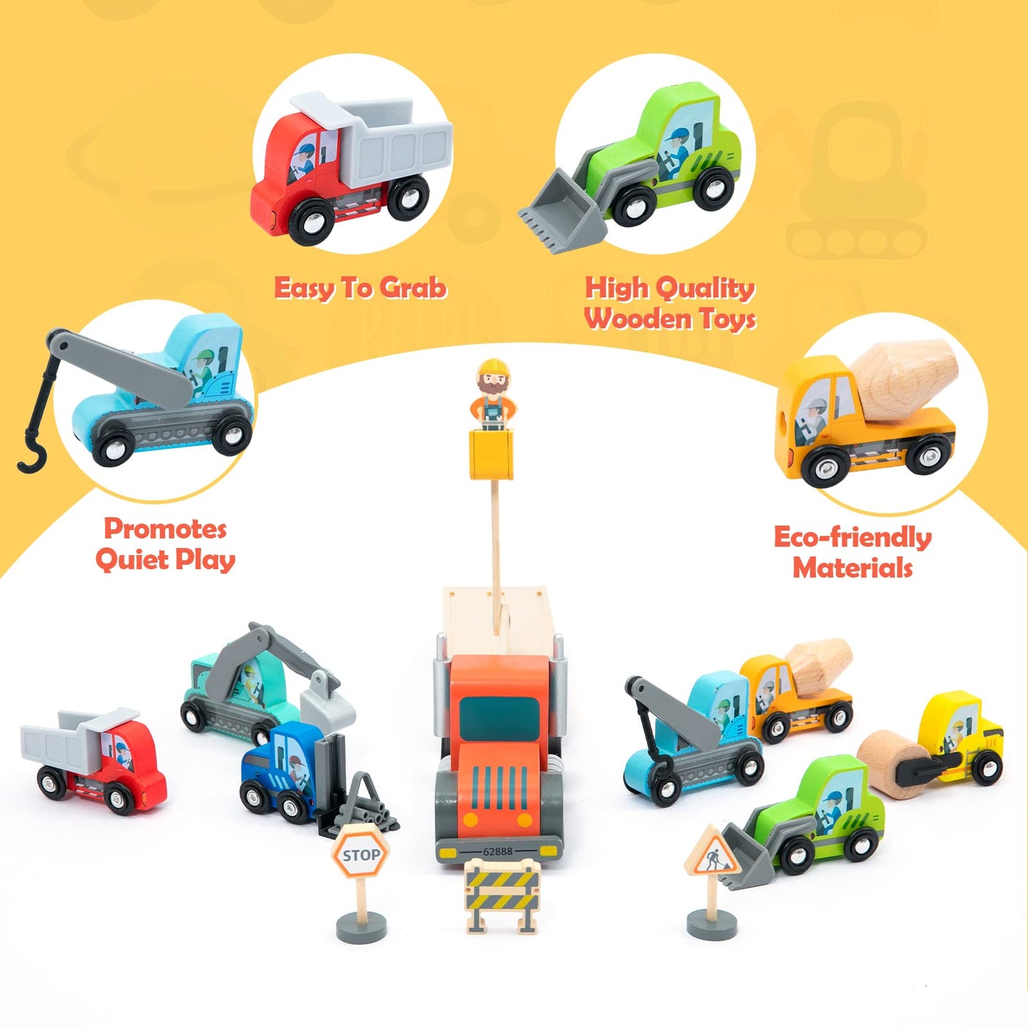 Wooden Construction Site Vehicles with Trailer 14 PCS Set, Vehicle Toys Cars for Toddlers and Kids Ages 3+ Gifts for Boys Girls, Compatible