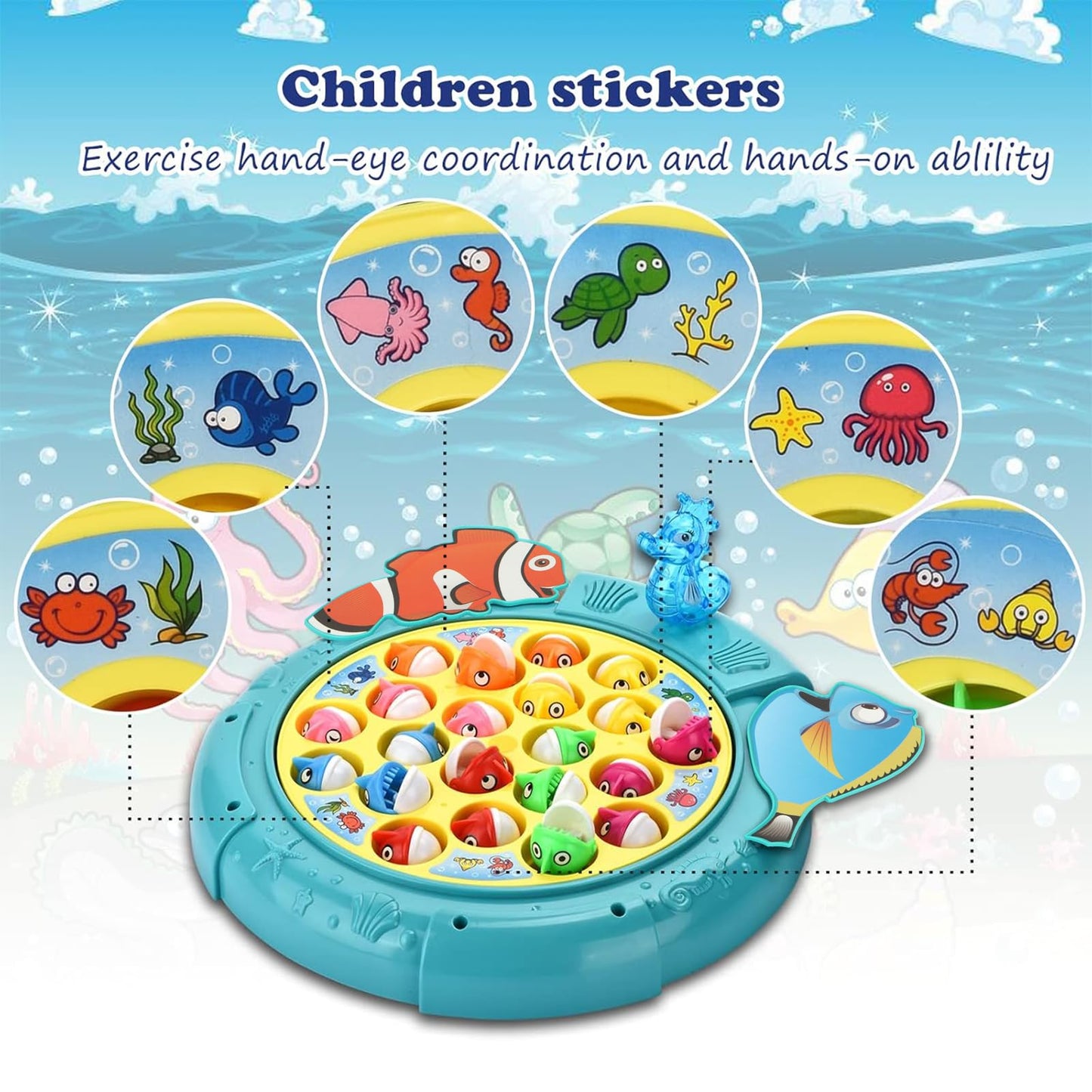 QuadPro Magnetic Fishing Games Set - Fun and Educational Fishing Toys for Toddlers and Kids, Includes 21 Fish, 4 Poles, Rotating Board, and On-Off