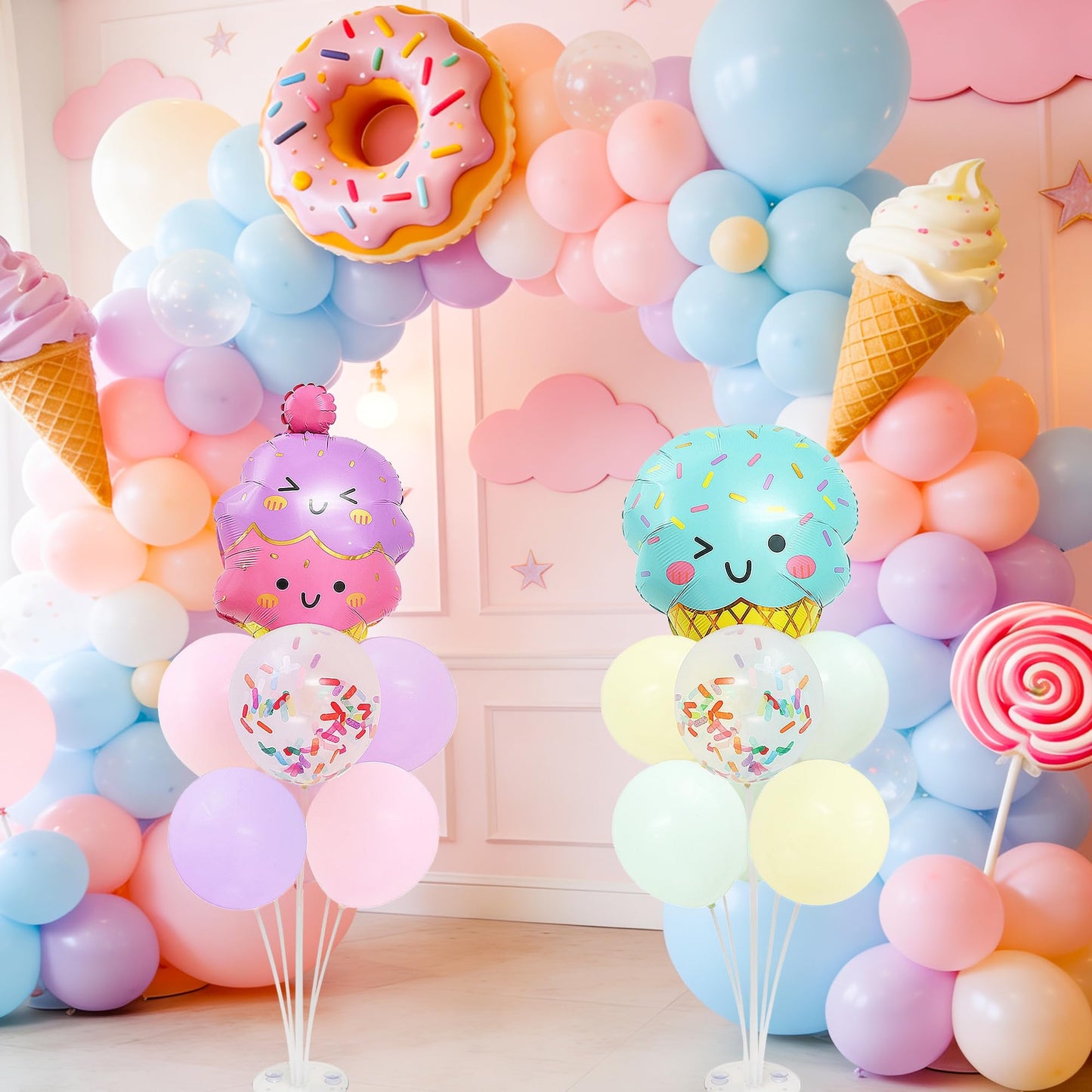 Ice Cream Party Balloons Stand for Table 2 Sets with 2 Ice Cream Foil Balloons 14 Pastel Latex Balloons for Sweet One Birthday Girl Baby Shower Party
